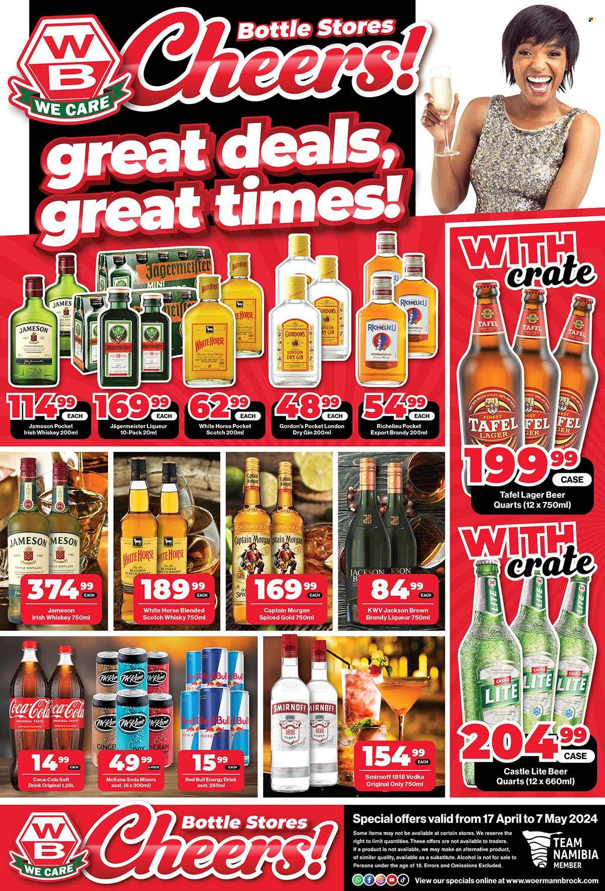 thumbnail - Woermann Brock catalogue  - 17/04/2024 - 07/05/2024 - Sales products - Coca-Cola, energy drink, soft drink, Red Bull, soda, carbonated soft drink, alcohol, KWV, brandy, Captain Morgan, gin, liqueur, Smirnoff, vodka, whiskey, irish whiskey, Jameson, Gordon's, Richelieu, Jägermeister, scotch whisky, whisky, beer, Castle, Lager. Page 2.