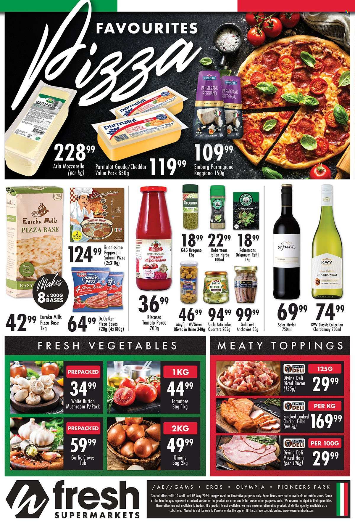thumbnail - Woermann Brock catalogue  - 10/04/2024 - 06/05/2024 - Sales products - artichoke, ready meal, anchovies, gouda, cheddar, cheese, Dr. Oetker, Parmigiano Reggiano, Arla, Parmalat, pizza dough, topping, tomato sauce, olives, tomato puree, oil, water, white wine, Chardonnay, Merlot, alcohol, KWV, chicken, chicken fillet. Page 2.
