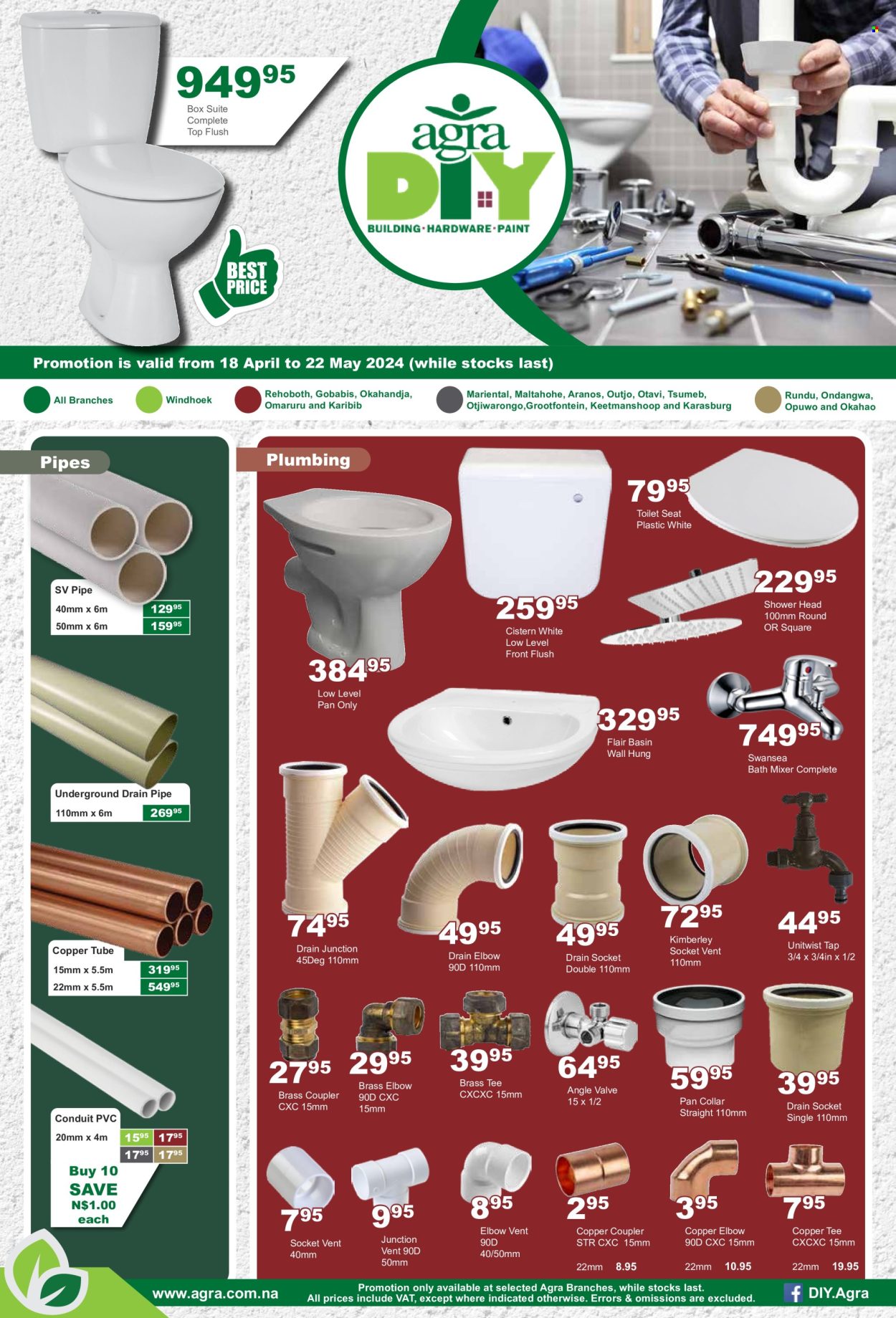 thumbnail - Agra catalogue  - 18/04/2024 - 22/05/2024 - Sales products - toilet seat, showerhead, bath mixer, pipe, copper tube. Page 1.