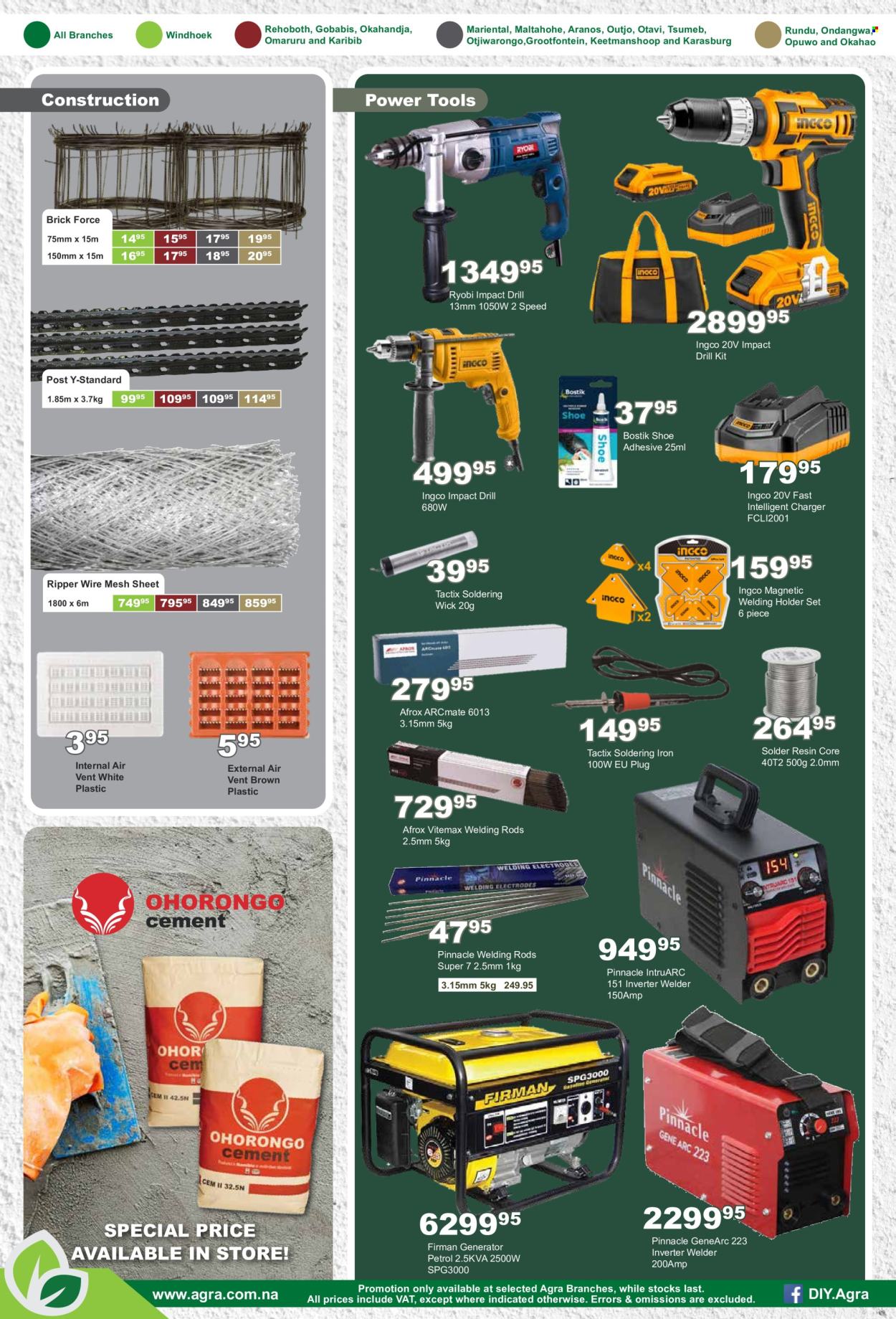 thumbnail - Agra catalogue  - 18/04/2024 - 22/05/2024 - Sales products - shoes, holder, plug, adhesive, drill, power tools, Ryobi, generator, welding rods, inverter welder, soldering iron, welder. Page 3.