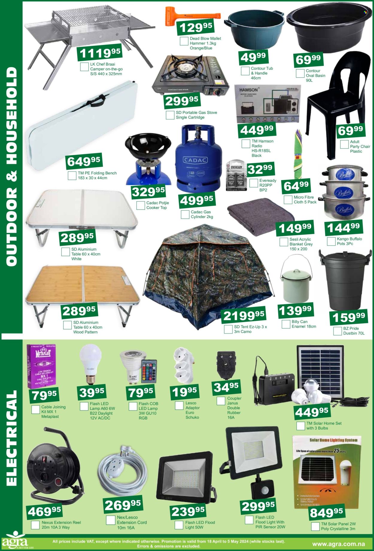 thumbnail - Agra catalogue  - 18/04/2024 - 05/05/2024 - Sales products - adaptor, bulb, Eveready, lamp, floodlight, solar panel, stove, hammer, extension cord, table, extension reel, gas cylinder, braai, pot, radio, tent, chair. Page 4.