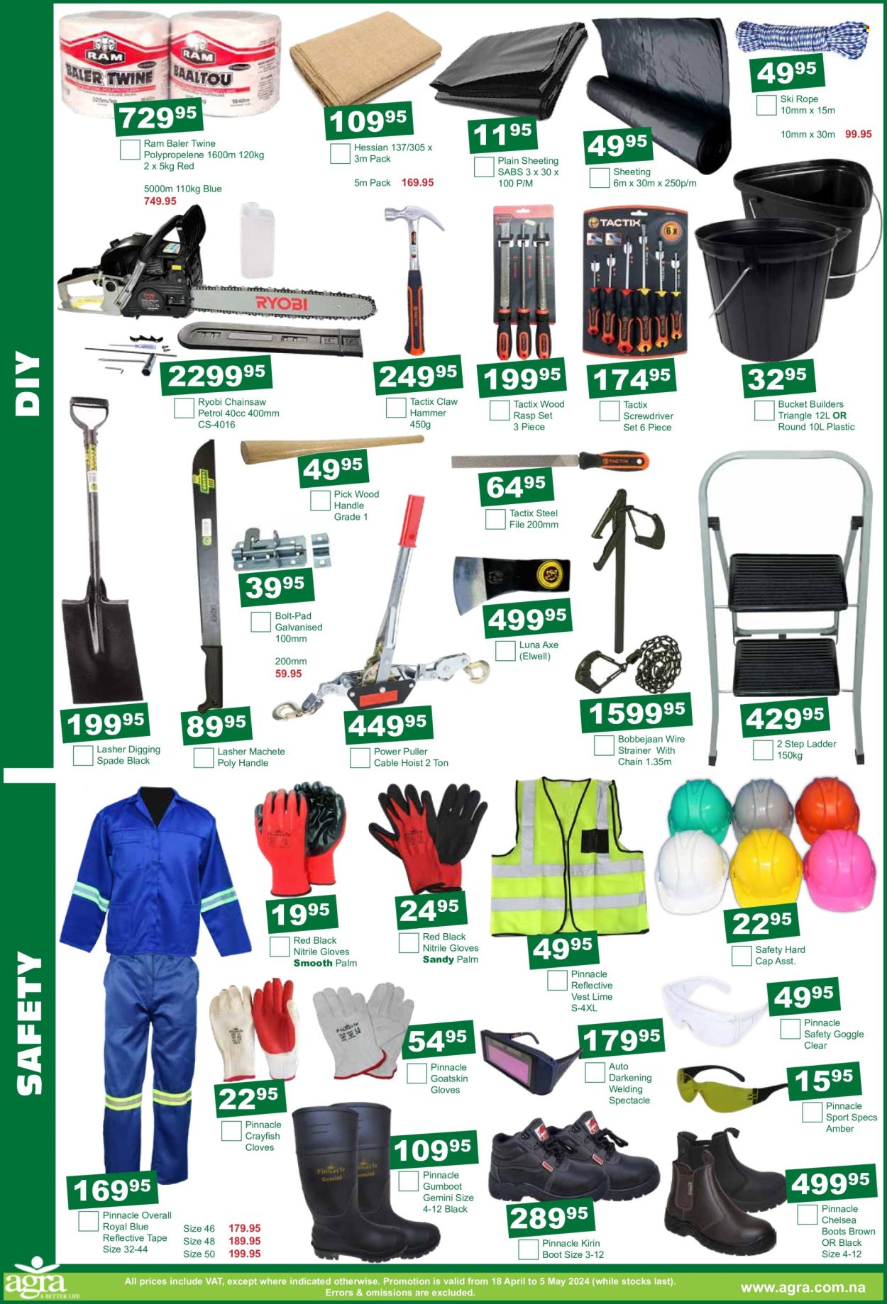 thumbnail - Agra catalogue  - 18/04/2024 - 05/05/2024 - Sales products - boots, bucket, rope, vest, stepladder, sheeting, bolt, screwdriver, hammer, Ryobi, chain saw, spade, claw hammer, screwdriver set, Axe, palm. Page 6.
