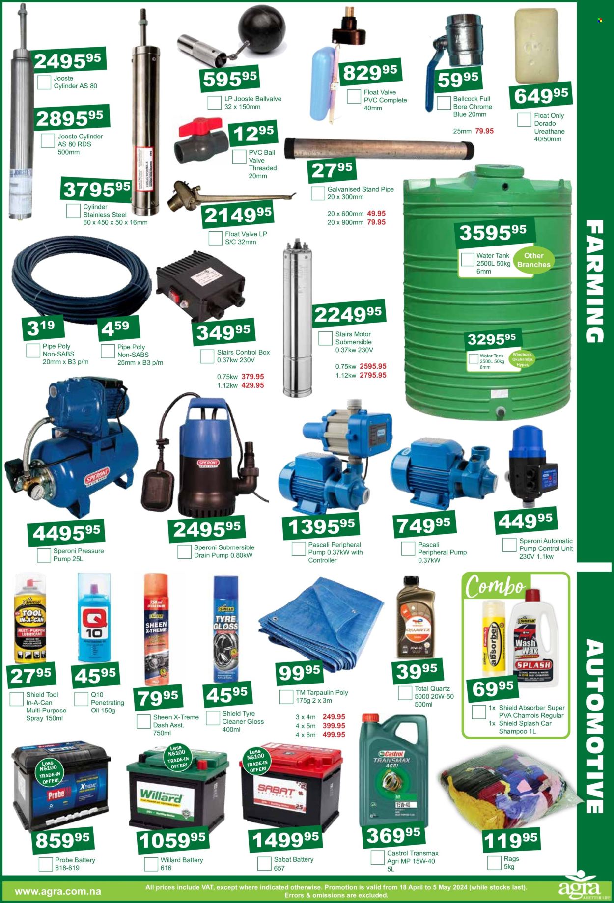 thumbnail - Agra catalogue  - 18/04/2024 - 05/05/2024 - Sales products - water tank, Willard, battery, tank, car shampoo, cleaner, Castrol, Total Quartz, tyre cleaner. Page 7.
