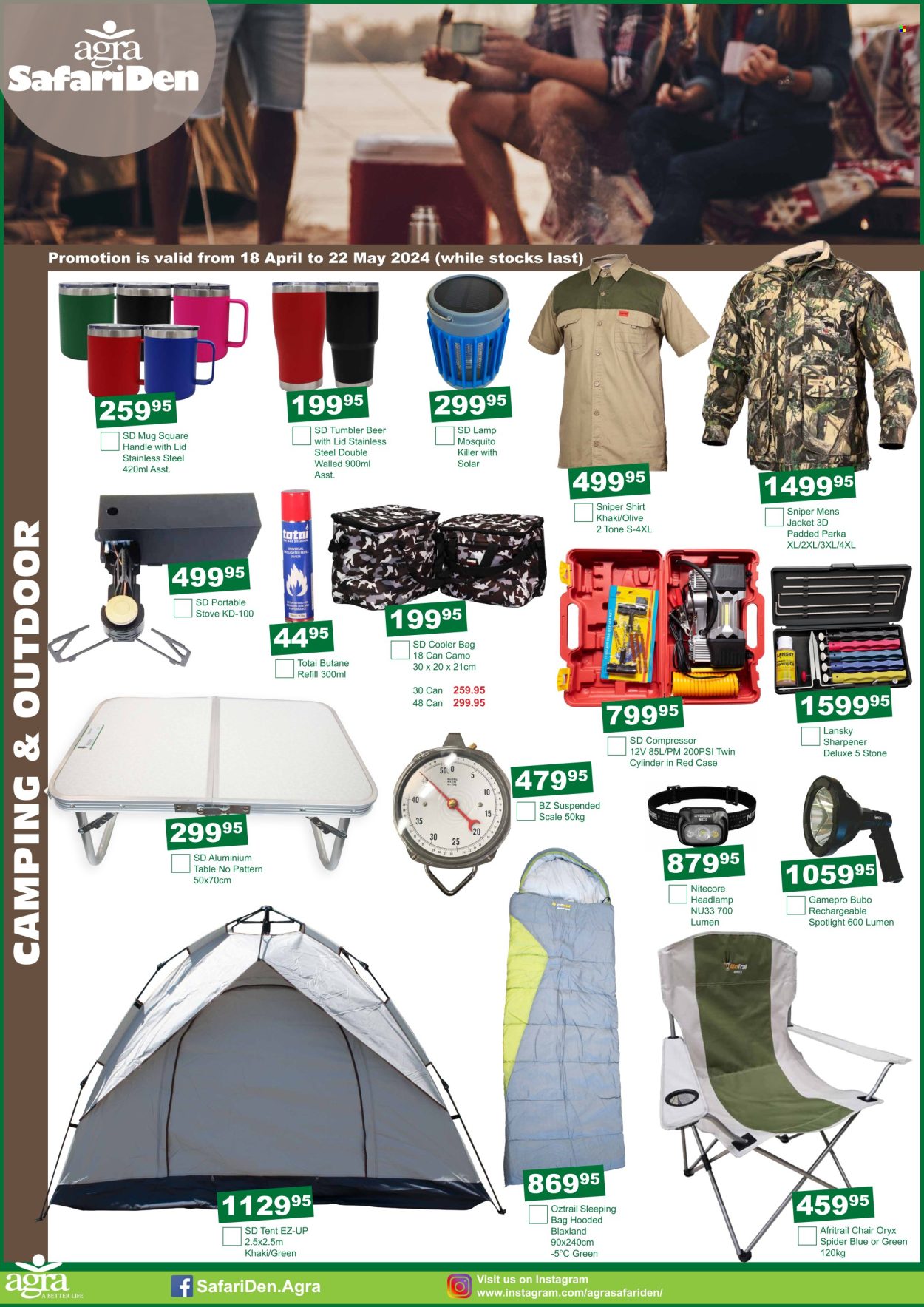 thumbnail - Agra catalogue  - 18/04/2024 - 22/05/2024 - Sales products - compressor, sharpener, spotlight, lamp, stove, air compressor, table, headlamp, sleeping bag, tent, chair. Page 1.