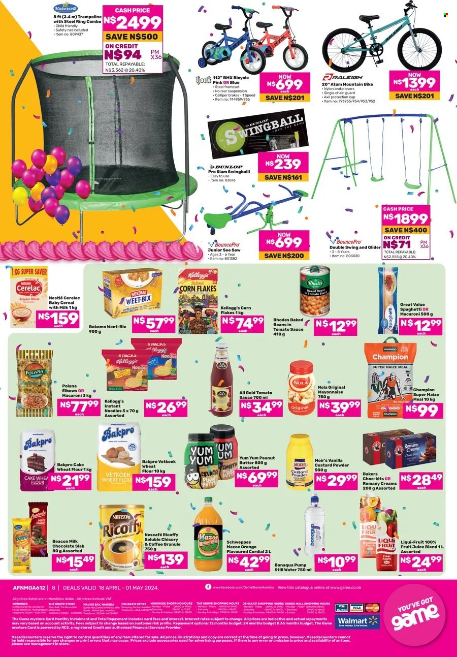thumbnail - Game catalogue  - 18/04/2024 - 01/05/2024 - Sales products - spaghetti, macaroni, pasta, noodles, ready meal, custard, mayonnaise, Nestlé, cereal bar, Kellogg's, flour, wheat flour, maize meal, cake flour, baked beans, cereals, corn flakes, Weet-Bix, peanut butter, Schweppes, fruit juice, juice, Bonaqua, still water, instant coffee, Ricoffy, Nescafé, baby snack, Bakers, saw. Page 8.