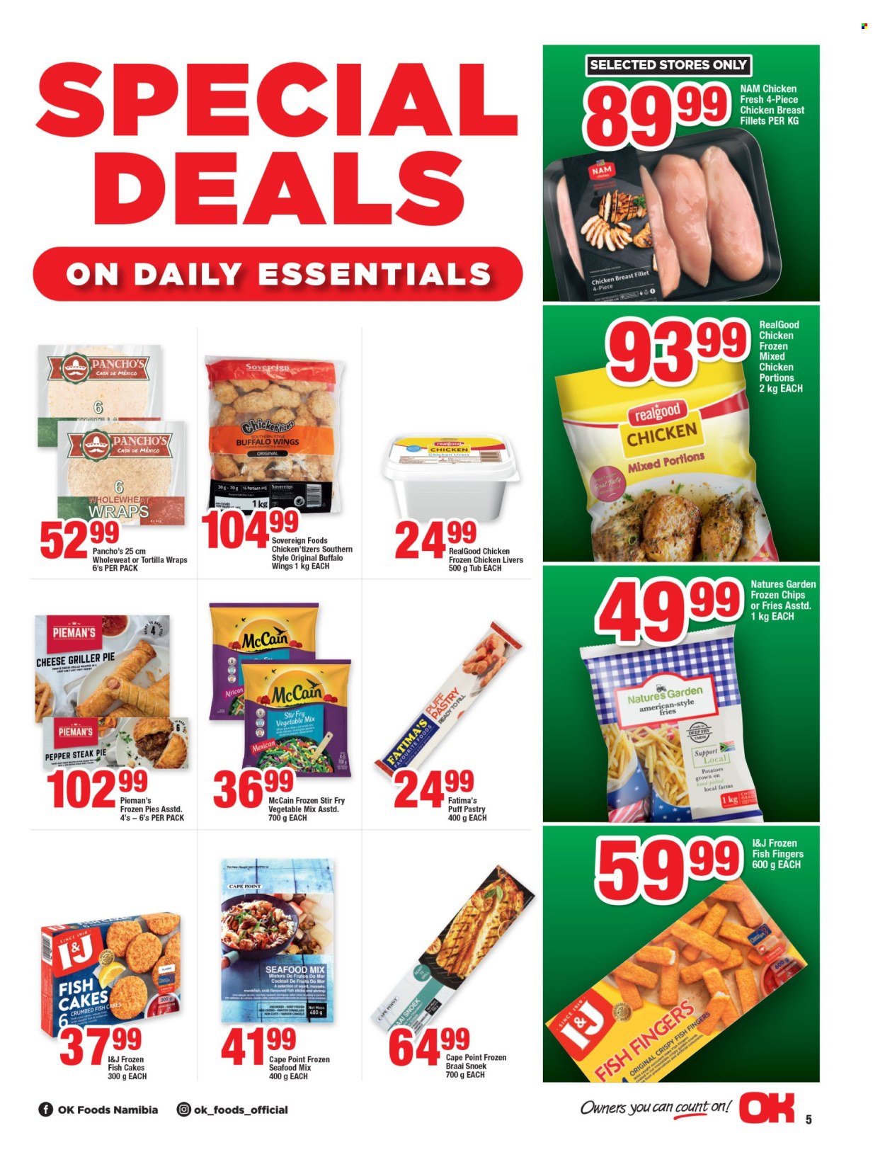 thumbnail - OK catalogue  - 19/04/2024 - 05/05/2024 - Sales products - tortillas, pie, wraps, Piemans, potatoes, monkfish, mussels, shrimps, squid, seafood, crab, crumbed fish, fish fingers, fish sticks, chicken breasts, puff pastry, Natures Garden, McCain, potato fries, frozen chips, fish cake, frozen pies, chicken livers, chicken, steak. Page 5.