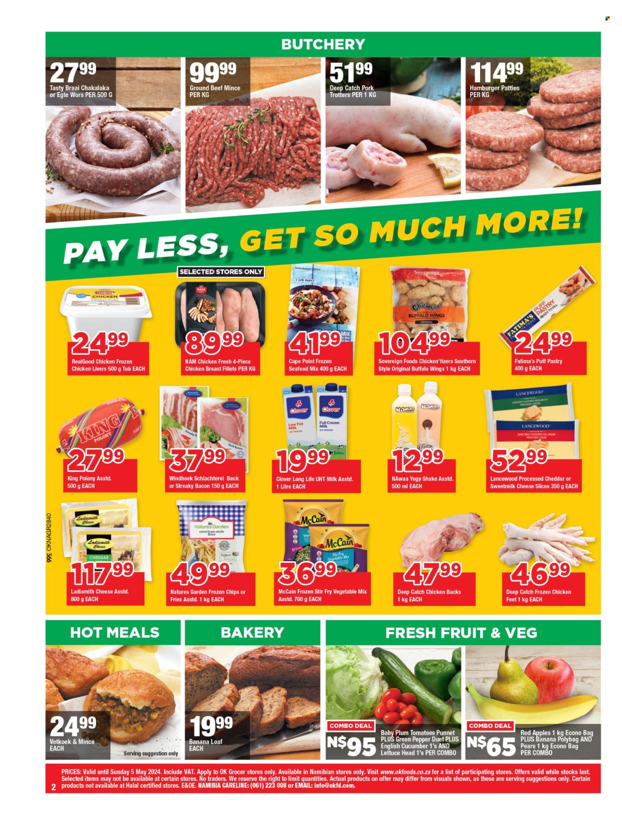 thumbnail - OK catalogue  - 19/04/2024 - 05/05/2024 - Sales products - banana bread, cucumber, green pepper, pears, apples, seafood, hamburger, chakalaka, bacon, chicken breasts, streaky bacon, polony, sliced cheese, cheese, Lancewood, Clover, milk, long life milk, shake, Ladismith, puff pastry, Natures Garden, McCain, potato fries, frozen chips, chicken paws, chicken livers, chicken, beef meat, ground beef. Page 2.