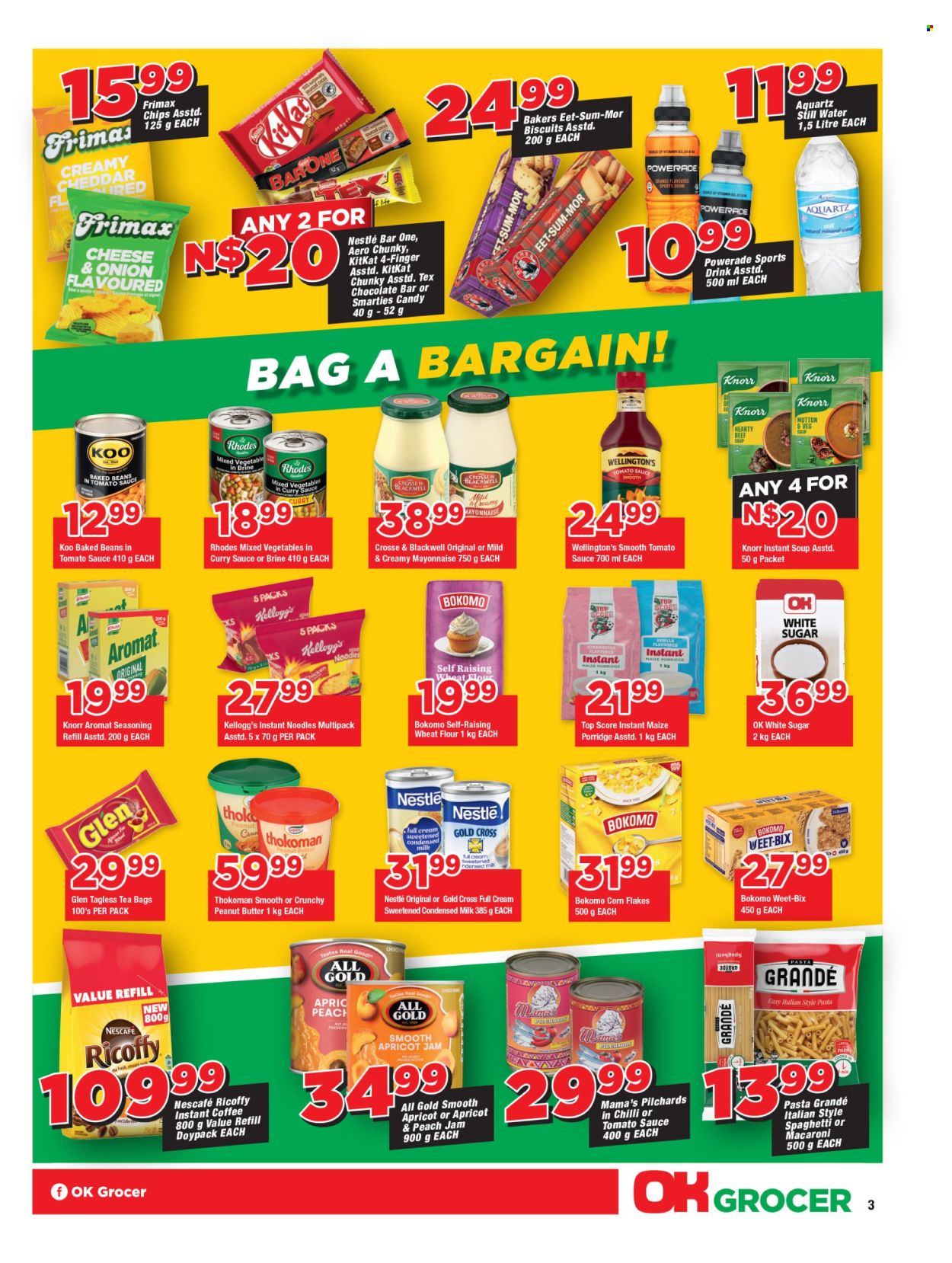 thumbnail - OK catalogue  - 19/04/2024 - 05/05/2024 - Sales products - mixed vegetables, sardines, spaghetti, macaroni, condensed soup, soup, pasta, instant noodles, Knorr, noodles, instant soup, Mama's, ready meal, condensed milk, mayonnaise, frozen vegetables, Nestlé, chocolate wafer, KitKat, Smarties, cereal bar, Kellogg's, biscuit, chocolate bar, Candy, flour, sugar, wheat flour, baked beans, Koo, corn flakes, Weet-Bix, porridge, instant porridge, Pasta Grandé, spice, seasoning, curry sauce, apricot jam, fruit jam, peanut butter, jam, Powerade, energy drink, electrolyte drink, mineral water, water, still water, tea bags, coffee, instant coffee, Ricoffy, Nescafé, mutton meat. Page 3.