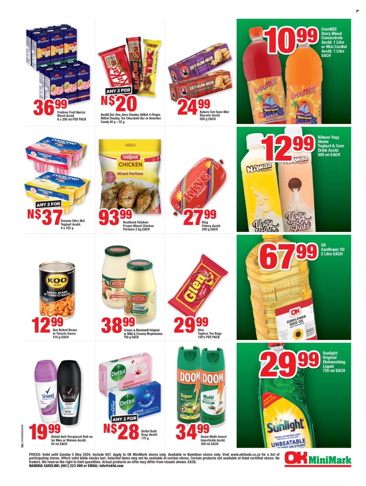 thumbnail - OK catalogue  - 19/04/2024 - 05/05/2024 - Sales products - beans, ready meal, polony, Danone, dairy blend, shake, mayonnaise, Nestlé, chocolate wafer, KitKat, Smarties, biscuit, chocolate bar, Candy, baked beans, Koo, sunflower oil, fruit nectar, tea bags, chicken. Page 2.
