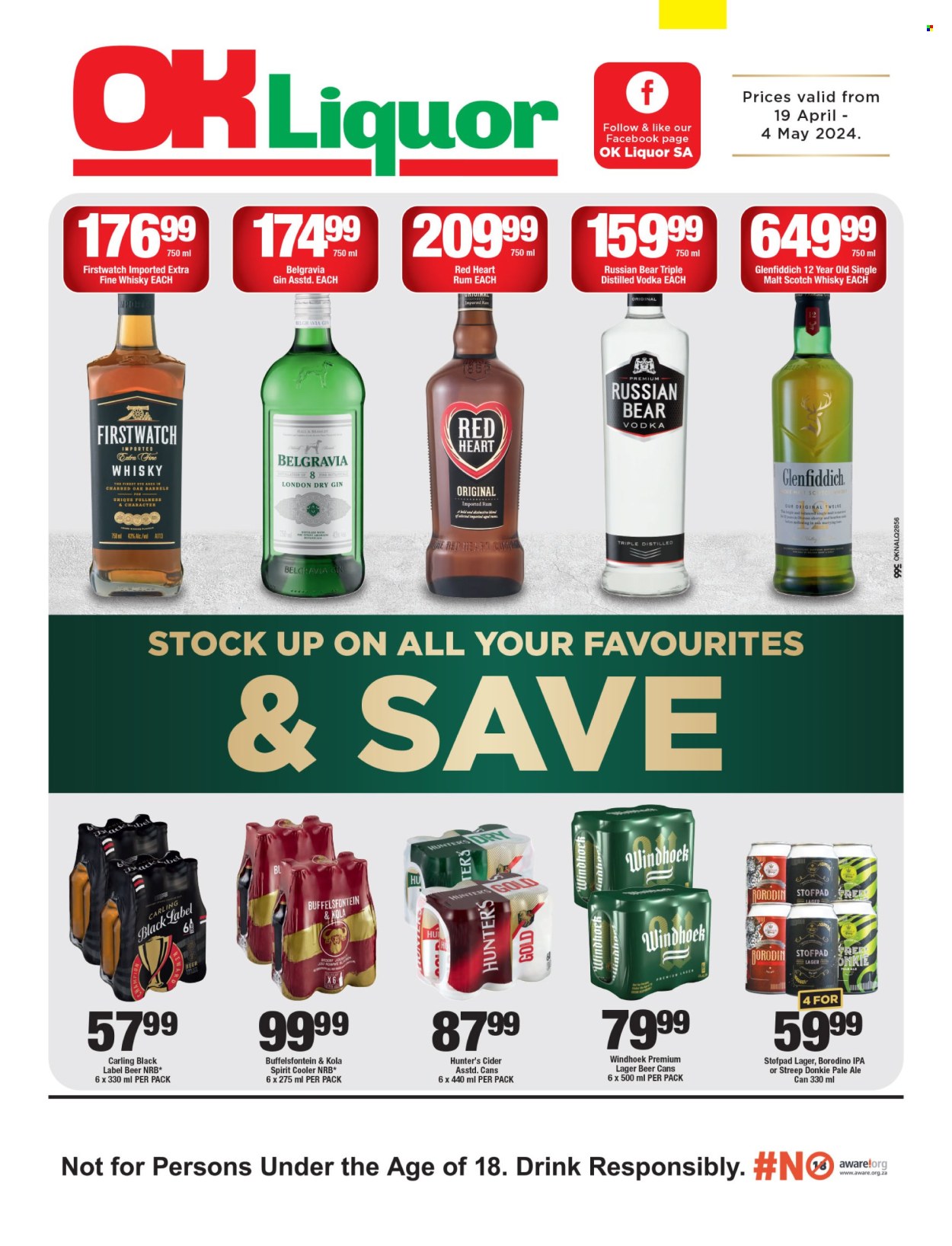 thumbnail - OK catalogue  - 19/04/2024 - 04/05/2024 - Sales products - alcohol, gin, liqueur, rum, vodka, liquor, Russian Bear, Glenfiddich, Red Heart, Belgravia, Buffelsfontein, scotch whisky, whisky, cider, spirit, beer, Carling, Lager, IPA. Page 1.