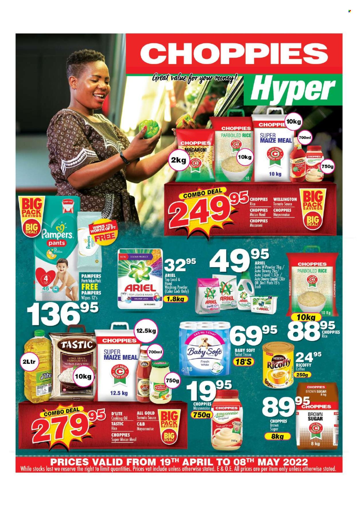 thumbnail - Choppies catalogue  - 19/04/2024 - 08/05/2024 - Sales products - macaroni, pasta, mayonnaise, cane sugar, sugar, maize meal, tomato sauce, rice, parboiled rice, Tastic, oil, cooking oil, coffee, Ricoffy, Nescafé, wipes, Pampers, pants, baby wipes, nappies, Baby Soft, toilet paper, Ariel, laundry powder, Downy Laundry. Page 1.