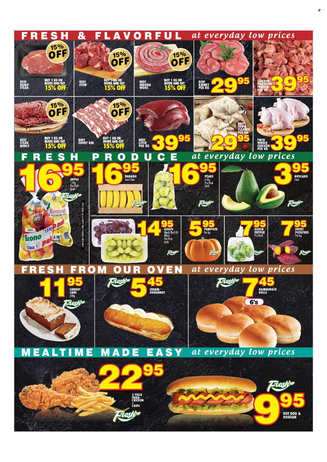 thumbnail - Choppies catalogue  - 19/04/2024 - 08/05/2024 - Sales products - cake, burger buns, sandwich rolls, donut, sweet potato, potatoes, pumpkin, green pepper, avocado, Gala, pears, apples, hot dog, hamburger, fried chicken, ready meal, beef tripe, whole chicken, beef liver, beef meat, ground beef, rump steak, beef kidney. Page 2.