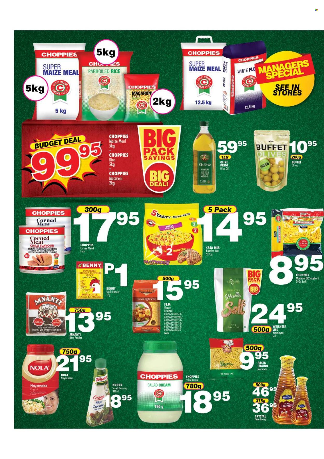 thumbnail - Choppies catalogue  - 19/04/2024 - 08/05/2024 - Sales products - macaroni, pasta, Knorr, noodles, mayonnaise, salad cream, bouillon, salt, maize meal, corned meat, rice, parboiled rice, salad dressing, dressing, olive oil, oil, honey, alcohol, beer, chicken. Page 4.