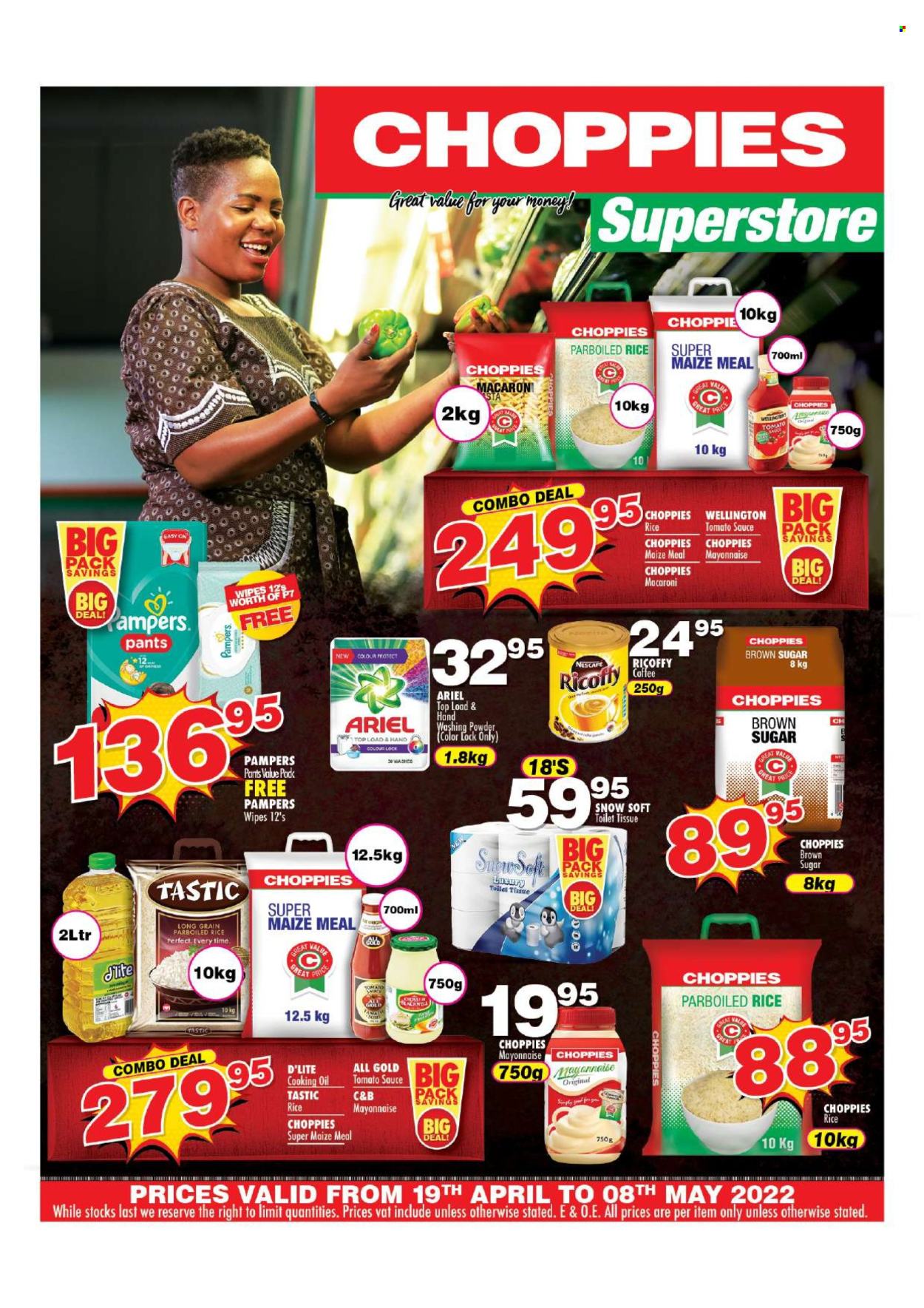 thumbnail - Choppies catalogue  - 19/04/2024 - 08/05/2024 - Sales products - macaroni, pasta, mayonnaise, cane sugar, sugar, maize meal, tomato sauce, rice, parboiled rice, Tastic, oil, cooking oil, coffee, Ricoffy, Nescafé, wipes, Pampers, pants, baby wipes, nappies, toilet paper, Ariel, laundry powder. Page 1.