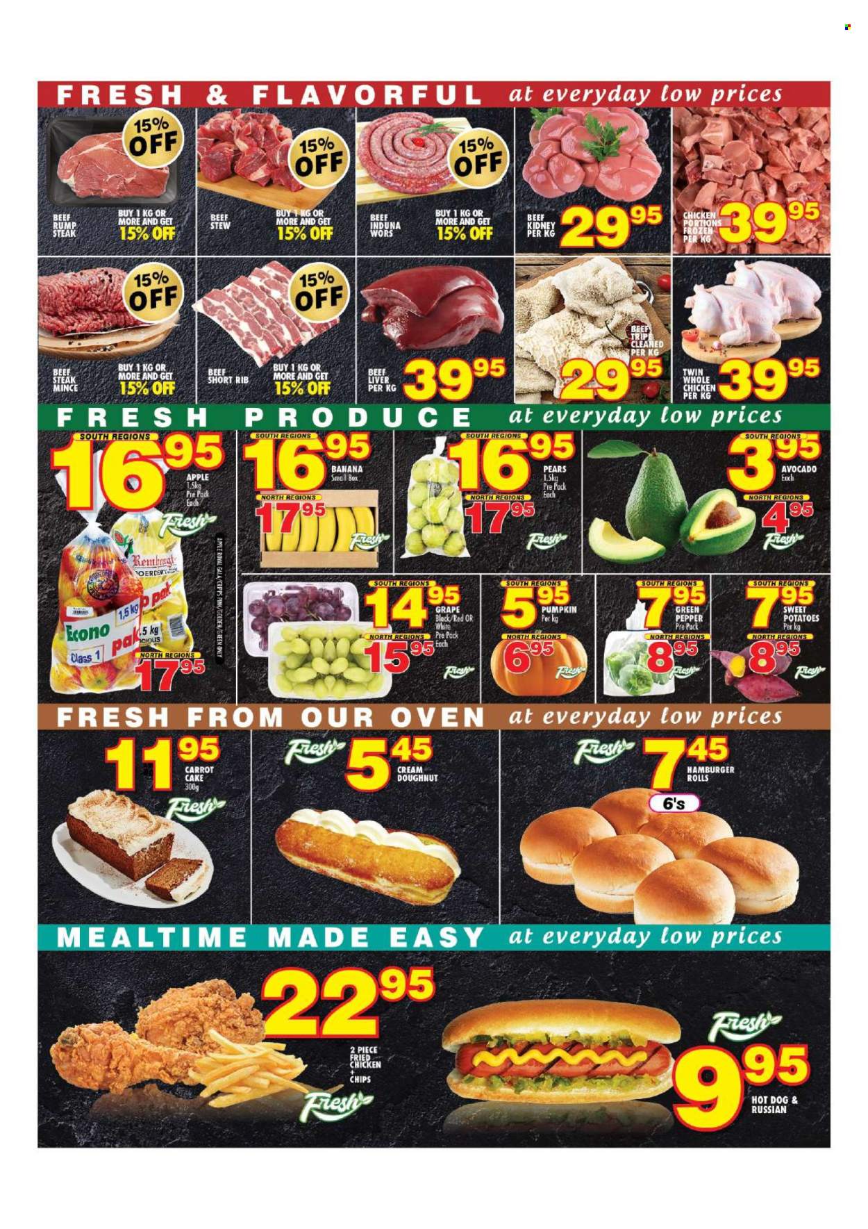 thumbnail - Choppies catalogue  - 19/04/2024 - 08/05/2024 - Sales products - cake, burger buns, sandwich rolls, donut, sweet potato, potatoes, pumpkin, green pepper, avocado, Gala, pears, apples, hot dog, hamburger, fried chicken, ready meal, beef tripe, whole chicken, beef liver, beef meat, ground beef, beef kidney. Page 2.