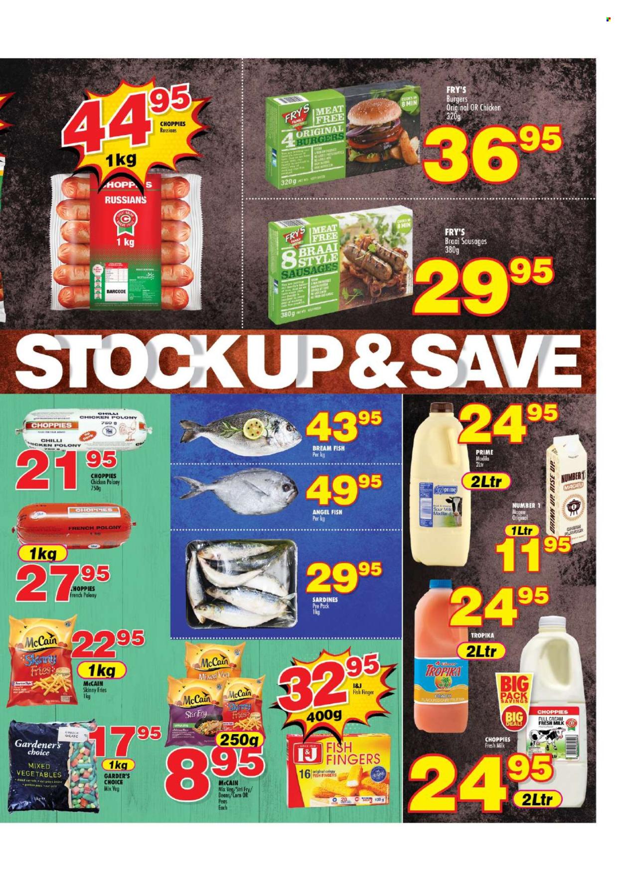 thumbnail - Choppies catalogue  - 19/04/2024 - 08/05/2024 - Sales products - beans, carrots, peas, mixed vegetables, sardines, hamburger, fish fingers, french polony, polony, chicken polony, sausage, Russians, milk, Number 1 Mageu, frozen vegetables, McCain, potato fries, Tropika. Page 7.