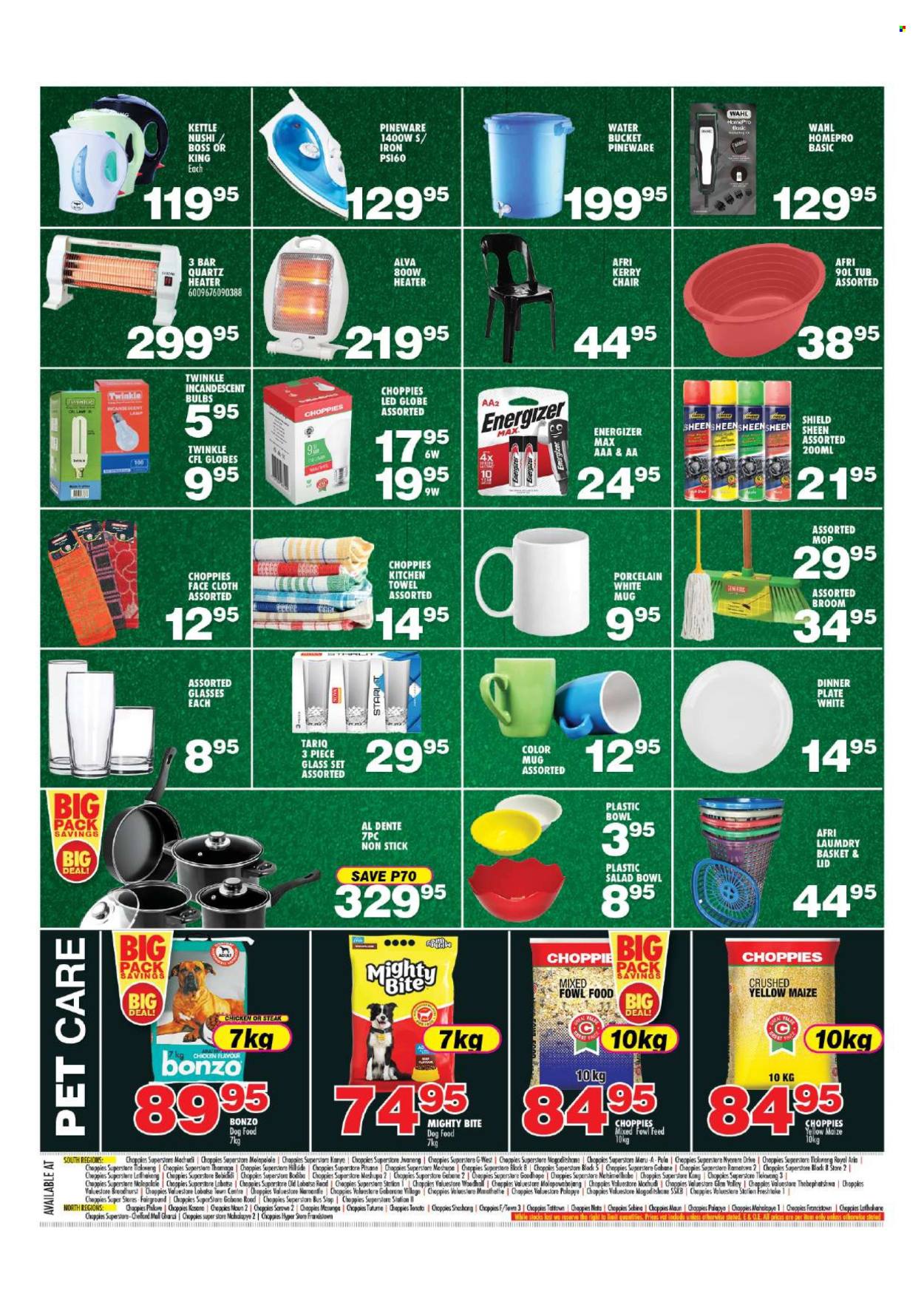 thumbnail - Choppies catalogue  - 19/04/2024 - 08/05/2024 - Sales products - steak, kitchen towels, facecloth, mug, plate, dinner plate, salad bowl, bowl, water bucket. Page 12.