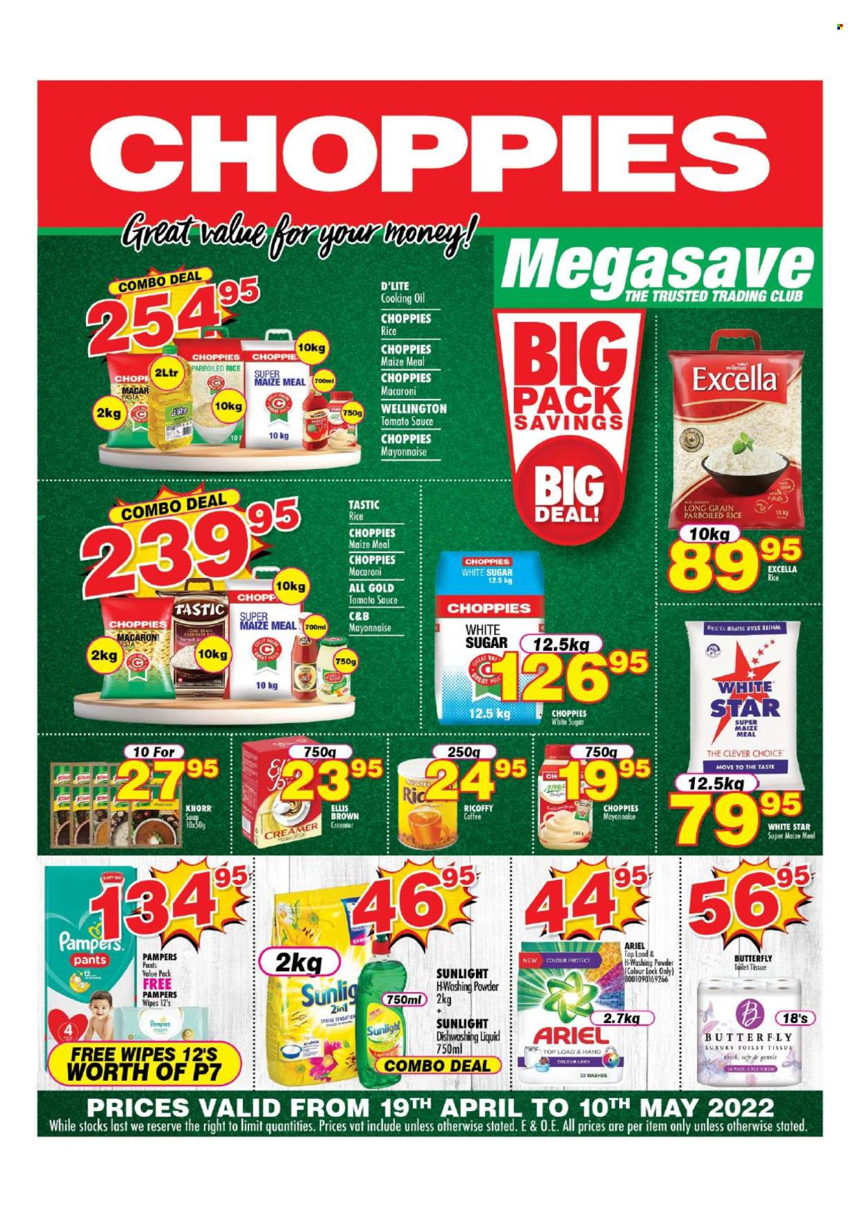 thumbnail - Choppies catalogue  - 19/04/2024 - 10/05/2024 - Sales products - macaroni, soup, pasta, Knorr, Ellis Brown, creamer, mayonnaise, sugar, maize meal, White Star, tomato sauce, white rice, parboiled rice, Tastic, oil, cooking oil, coffee, Ricoffy, Nescafé, wipes, Pampers, pants, baby wipes, nappies, toilet paper, Ariel, laundry powder, Sunlight, dishwashing liquid. Page 1.