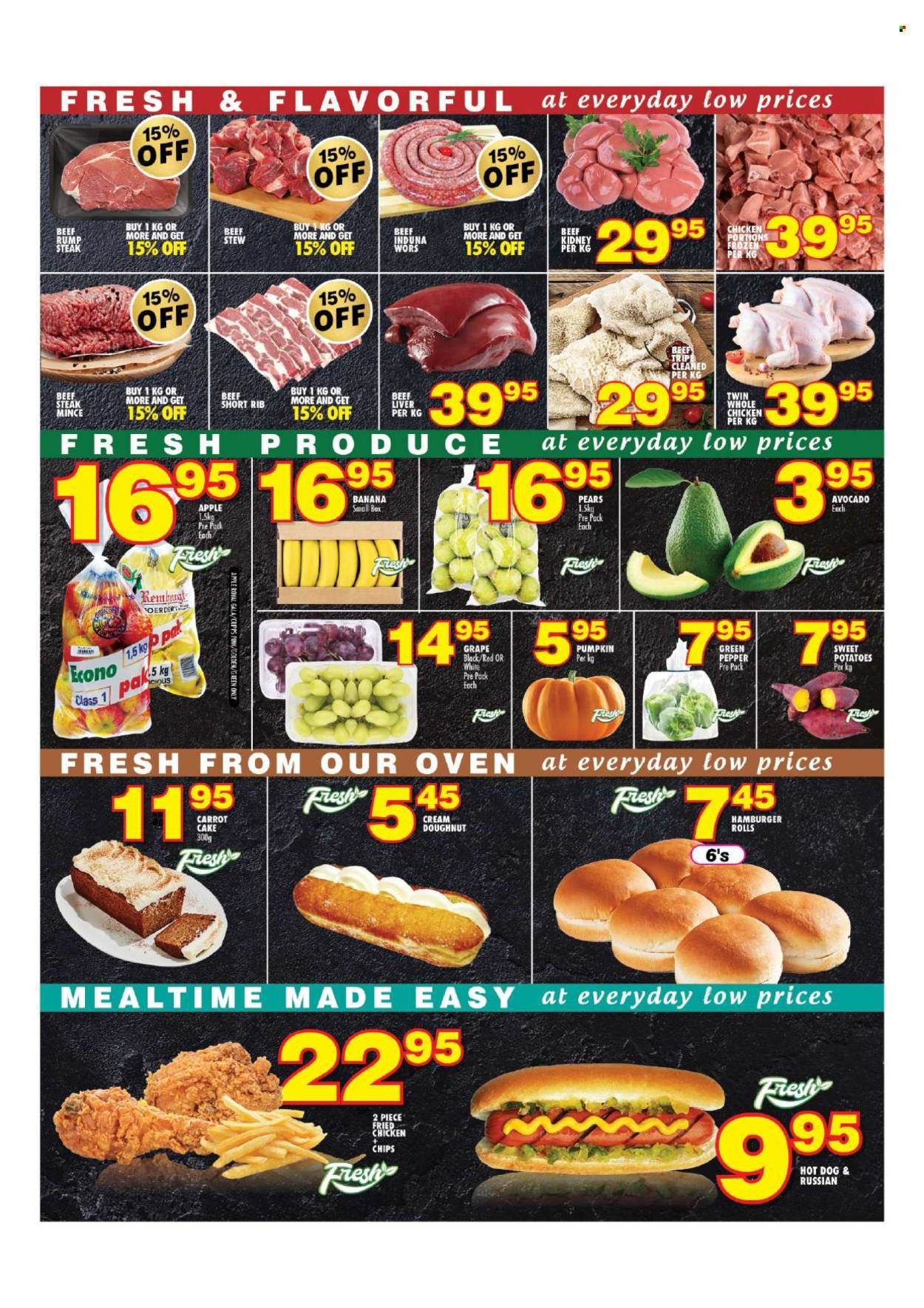thumbnail - Choppies catalogue  - 19/04/2024 - 10/05/2024 - Sales products - cake, burger buns, sandwich rolls, donut, sweet potato, potatoes, pumpkin, green pepper, avocado, Gala, pears, apples, hot dog, hamburger, fried chicken, ready meal, beef tripe, whole chicken, beef liver, beef meat, ground beef, rump steak, beef kidney. Page 2.