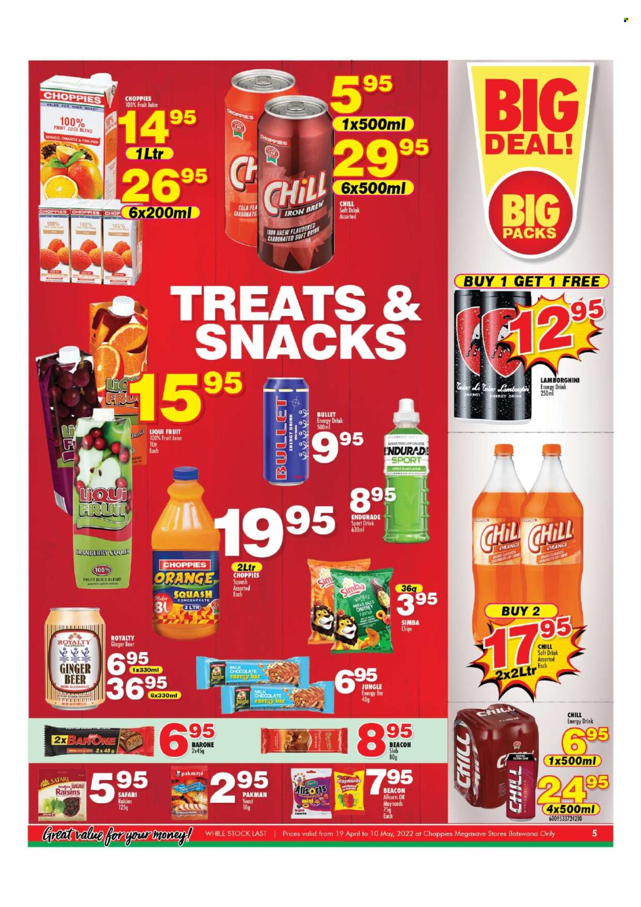 thumbnail - Choppies catalogue  - 19/04/2024 - 10/05/2024 - Sales products - snack, yeast, milk chocolate, chocolate, sweets, Simba, energy bar, chutney, raisins, dried fruit, energy drink, fruit juice, juice, soft drink, electrolyte drink, carbonated soft drink, alcohol, beer, ginger beer. Page 5.