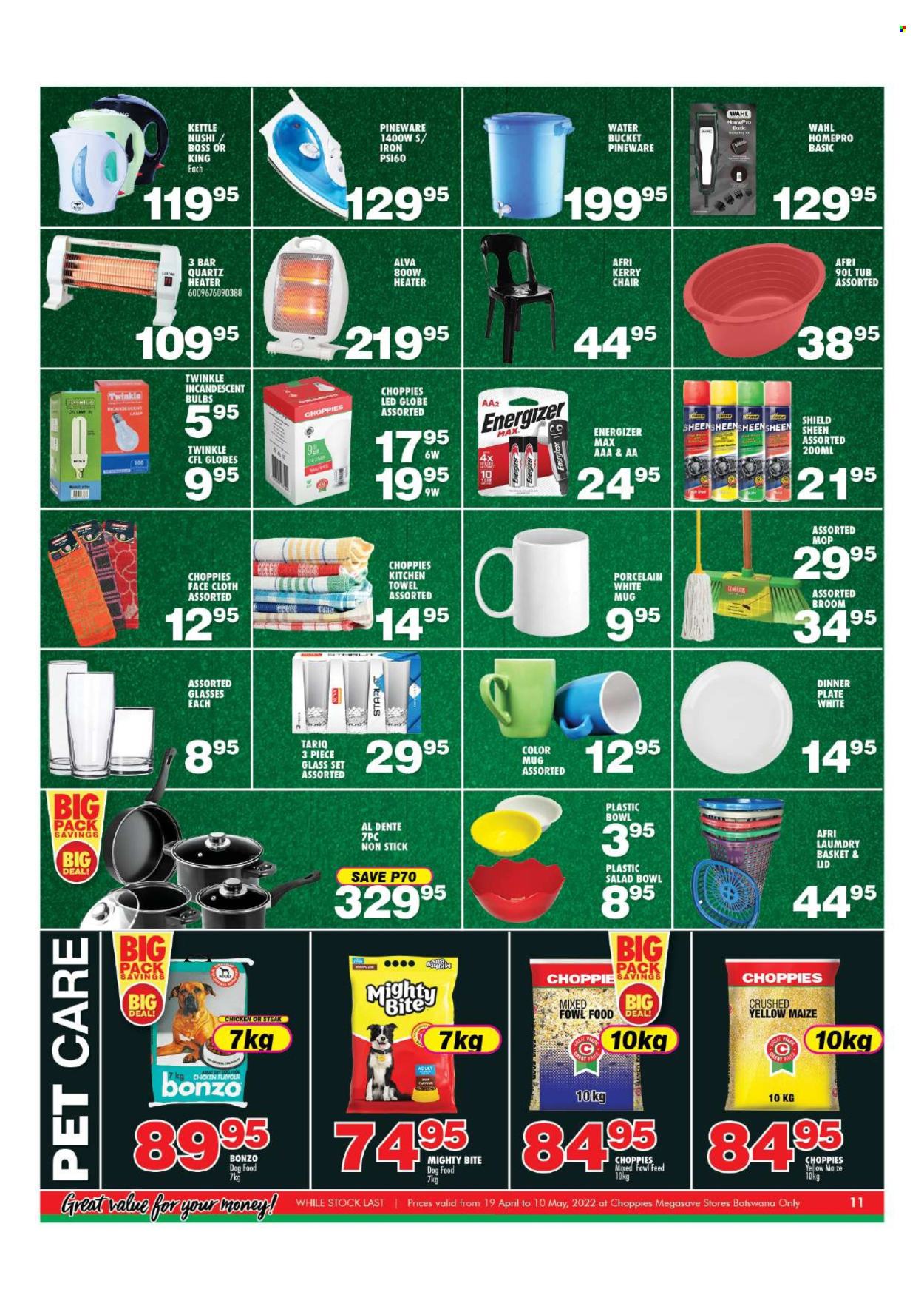 thumbnail - Choppies catalogue  - 19/04/2024 - 10/05/2024 - Sales products - steak, kitchen towels, facecloth, mug, plate, dinner plate, salad bowl, bowl, water bucket. Page 11.
