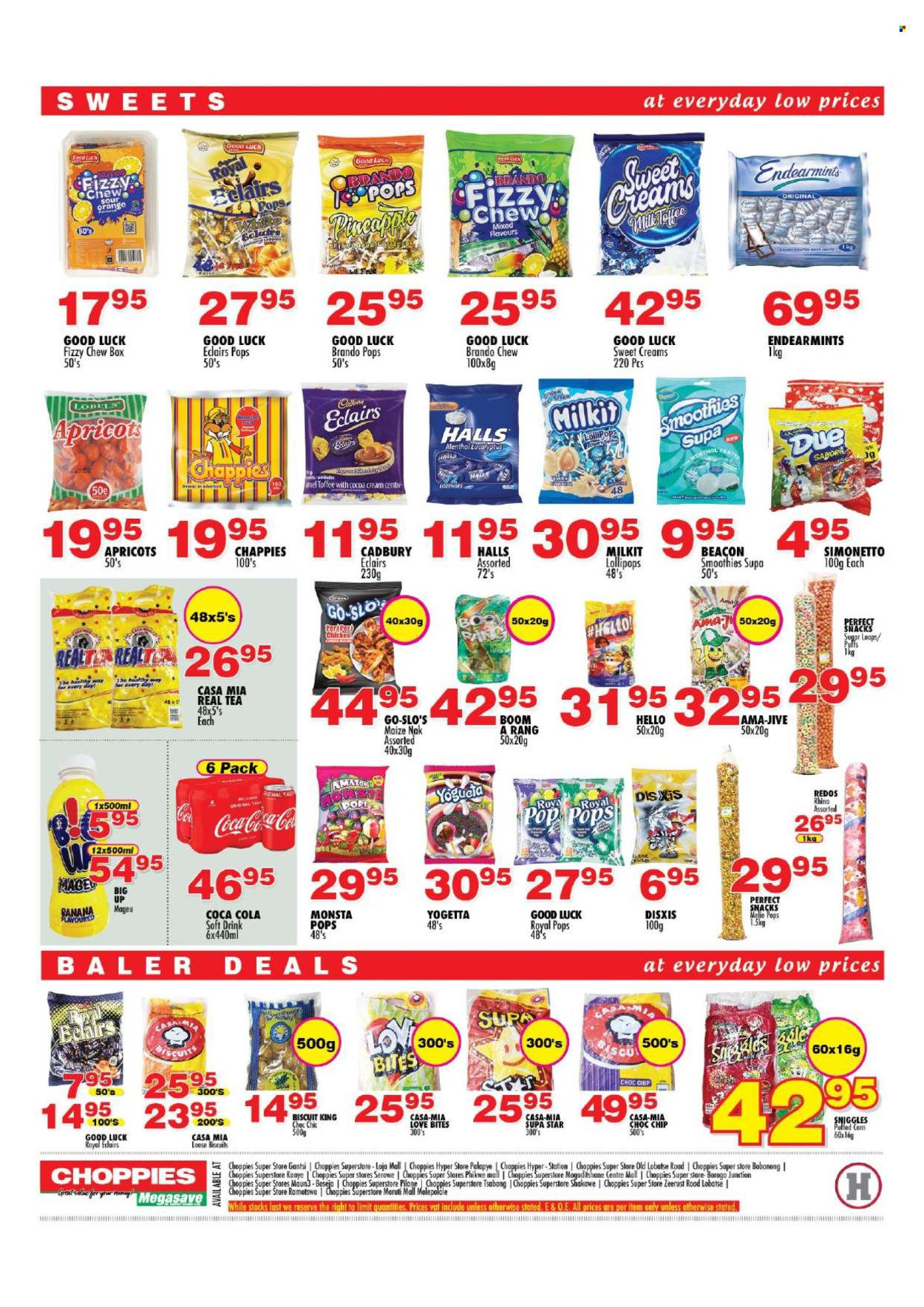 thumbnail - Choppies catalogue  - 19/04/2024 - 10/05/2024 - Sales products - puffs, dessert, éclairs, pineapple, snack, milk, Halls, chocolate chips, toffee, lollipop, biscuit, Cadbury, sweets, sugar, Coca-Cola, soft drink, smoothie, carbonated soft drink, chicken. Page 12.
