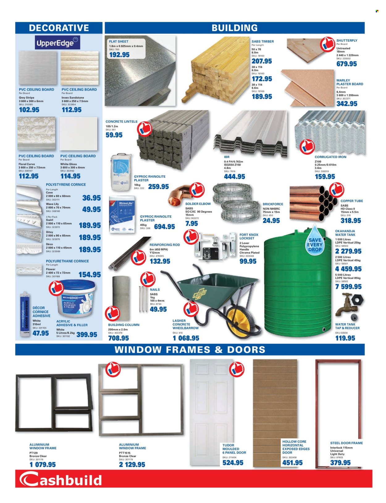 thumbnail - Cashbuild catalogue  - 20/04/2024 - 19/05/2024 - Sales products - water tank, copper tube, adhesive, plaster, ceiling board, steel door, lockset, tank, wheelbarrow, lily. Page 2.