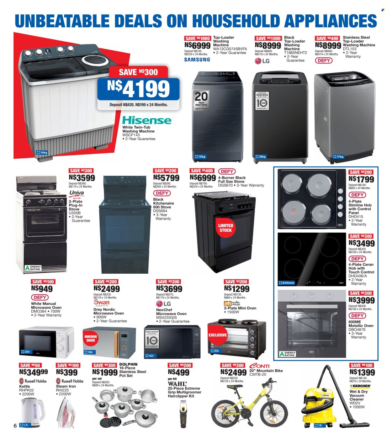 thumbnail - OK Furniture catalogue  - 22/04/2024 - 12/05/2024 - Sales products - oven, gas stove, microwave, hob, washing machine, vacuum cleaner, kettle, iron, steam iron, mountain bike, bicycle. Page 6.