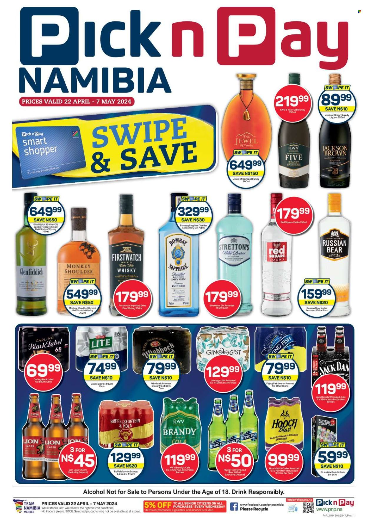 thumbnail - Pick n Pay catalogue  - 22/04/2024 - 07/05/2024 - Sales products - lemons, cocktail, alcohol, KWV, brandy, gin, liqueur, vodka, whiskey, Russian Bear, Glenfiddich, Red Square, Buffelsfontein, scotch whisky, whisky, spirit, beer, Carling, Castle, Lager, Tide. Page 1.