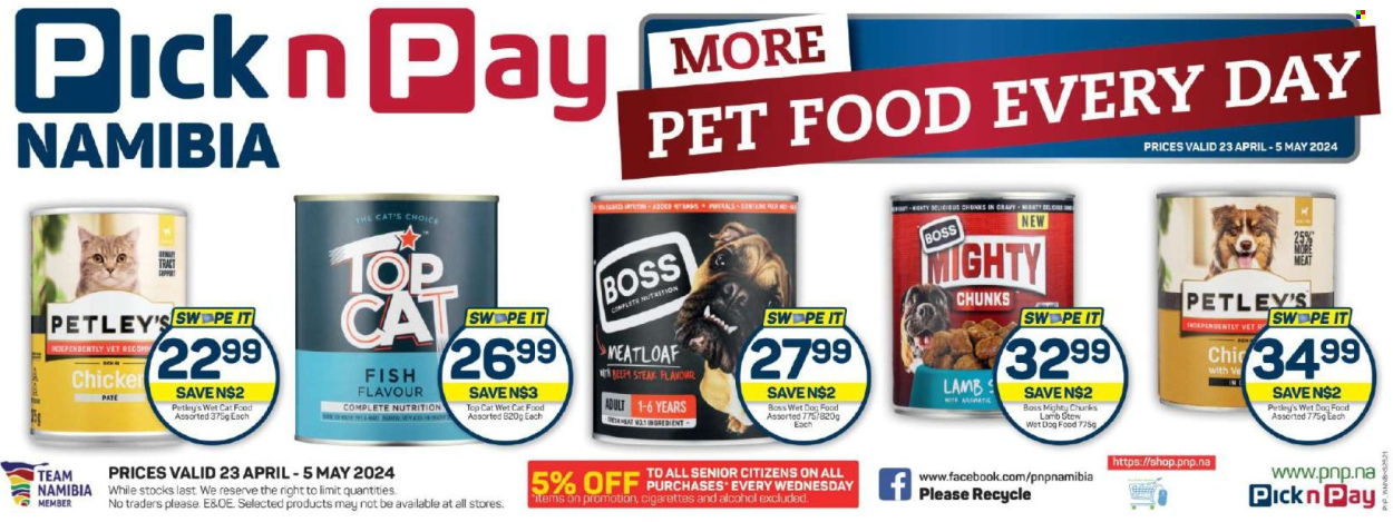 thumbnail - Pick n Pay catalogue  - 23/04/2024 - 05/05/2024 - Sales products - meatloaf, tapas, alcohol, steak, animal food, cat food, dog food, wet dog food, Petley's, wet cat food. Page 1.