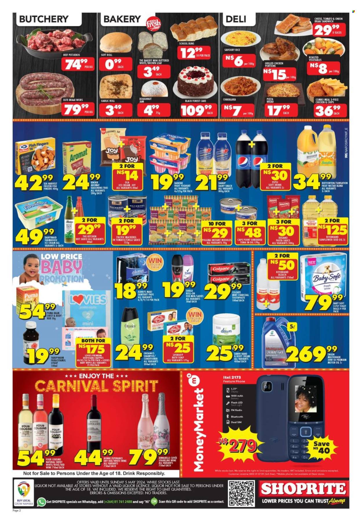 thumbnail - Shoprite catalogue  - 22/04/2024 - 05/05/2024 - Sales products - bread, buns, garlic roll, pizza bread, donut, mackerel, tuna, Sea Harvest, pasta sauce, sandwich, instant noodles, Knorr, fish fingers, chakalaka, noodles, spaghetti sauce, braai wors, Danone, dip, ice cream, rice, spice, seasoning, hot sauce, sunflower oil, syrup, jam, Pepsi, fruit nectar, soft drink, carbonated soft drink, sparkling wine, white wine, Cuvée, alcohol, spirit, wipes, baby wipes, Baby Soft, toilet paper, pads, bleach, shampoo, soap, Lifebuoy, Colgate, toothpaste, sanitary pads, conditioner, body cream. Page 2.