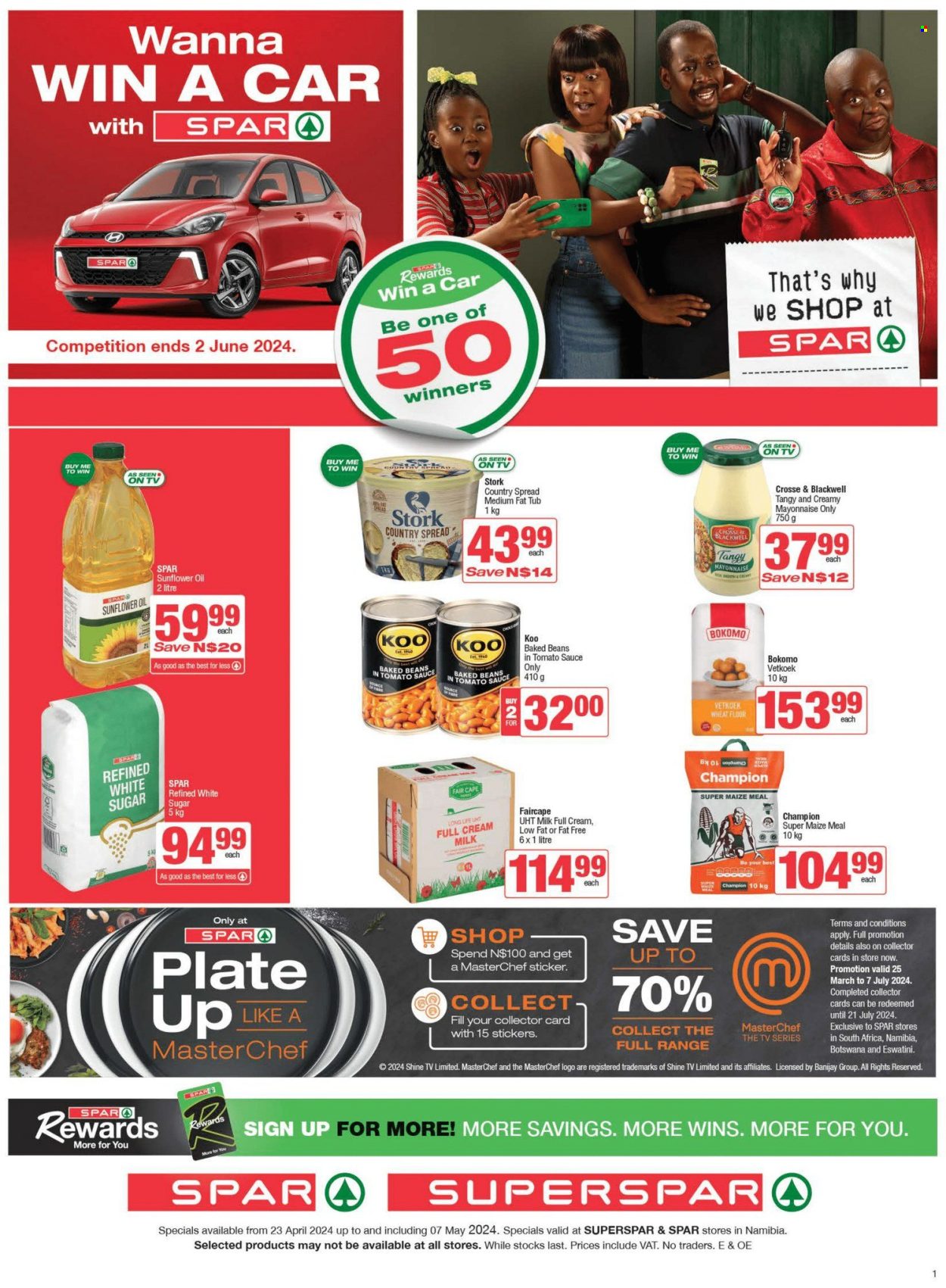 thumbnail - SPAR catalogue  - 23/04/2024 - 07/05/2024 - Sales products - beans, ready meal, milk, long life milk, mayonnaise, sugar, maize meal, baked beans, Koo, sunflower oil, oil. Page 1.