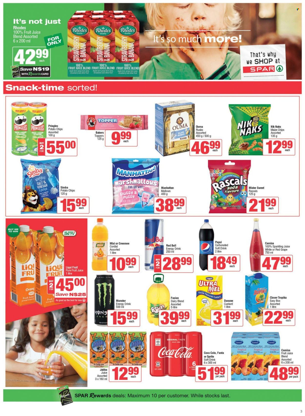 thumbnail - SPAR catalogue  - 23/04/2024 - 07/05/2024 - Sales products - rusks, onion, custard, Danone, Clover, dairy blend, marshmallows, chewing gum, fruit snack, potato chips, Pringles, chips, Simba, Nik Naks, salty snack, Coca-Cola, Sprite, Pepsi, orange juice, Fanta, energy drink, Monster, fruit juice, juice, soft drink, Tropika, Red Bull, Monster Energy, sparkling juice, carbonated soft drink. Page 3.