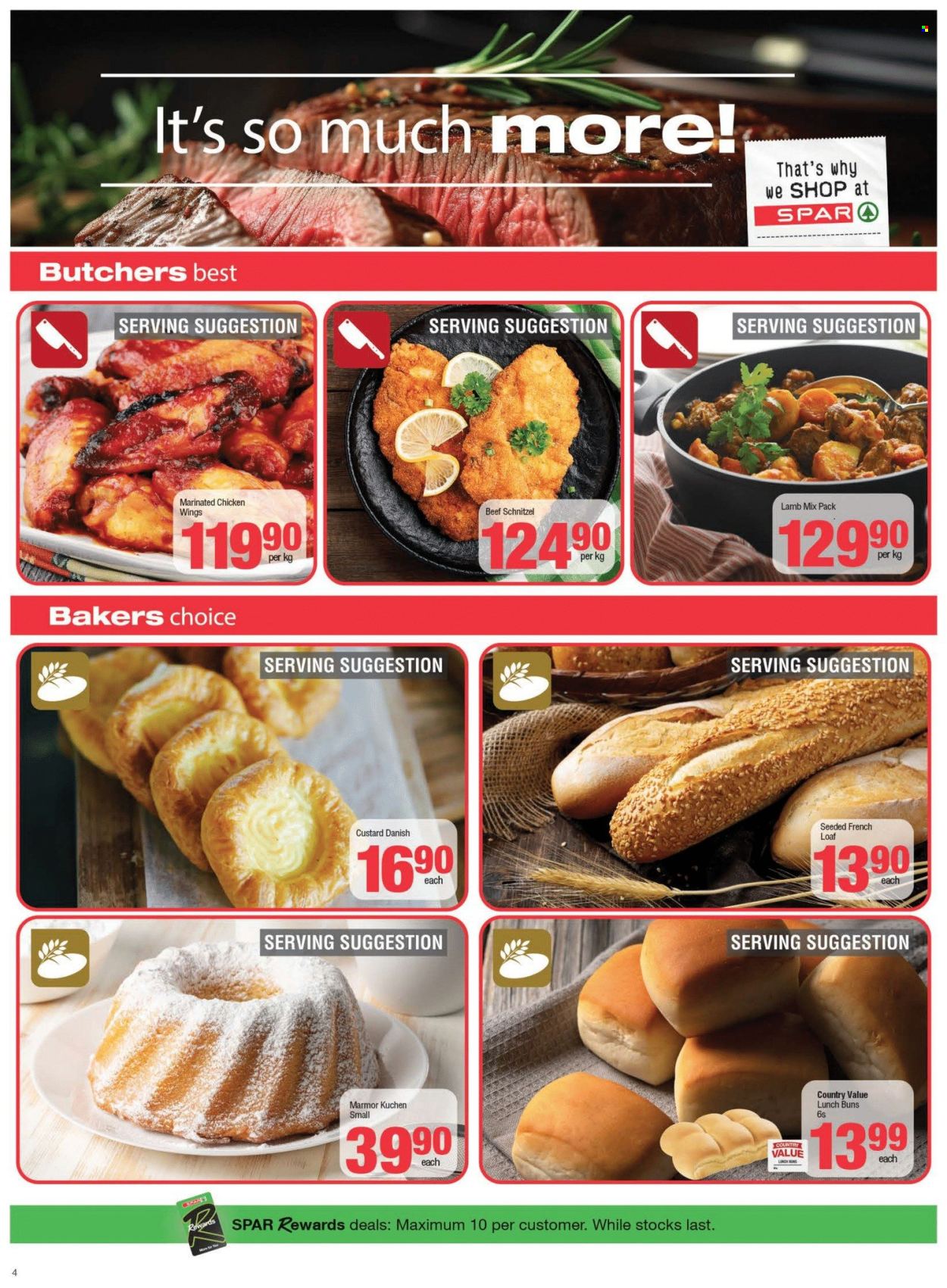thumbnail - SPAR catalogue  - 23/04/2024 - 07/05/2024 - Sales products - buns, french loaf, schnitzel, ready meal, custard, chicken wings, marinated chicken. Page 4.