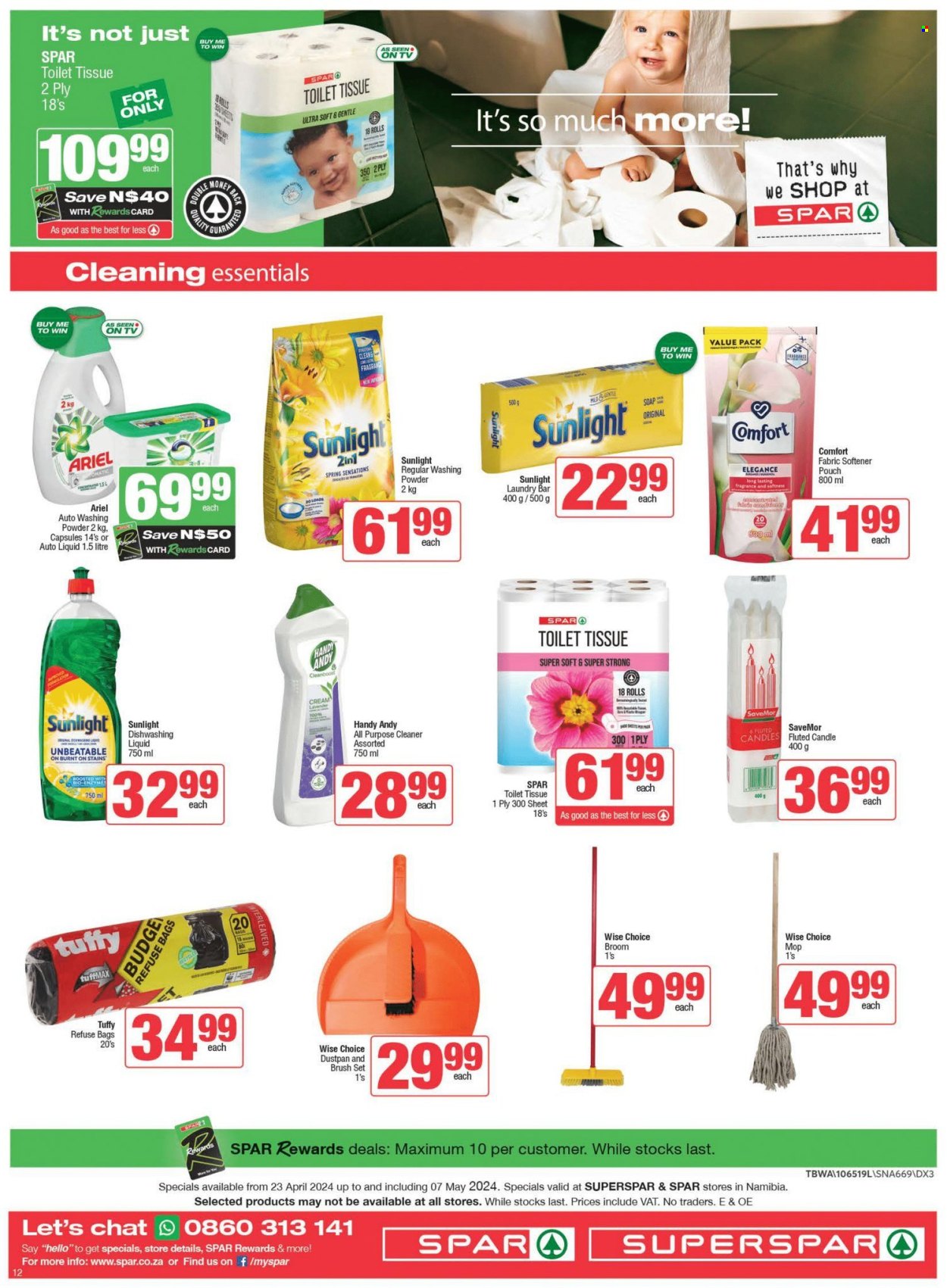 thumbnail - SPAR catalogue  - 23/04/2024 - 07/05/2024 - Sales products - toilet paper, all purpose cleaner, cleaner, fabric softener, Ariel, laundry powder, laundry soap bar, Sunlight, Comfort softener, dishwashing liquid, refuse bag. Page 12.