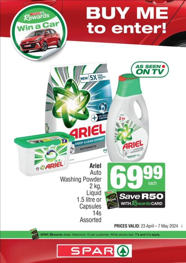 thumbnail - SPAR catalogue  - 23/04/2024 - 07/05/2024 - Sales products - Ariel, laundry powder. Page 1.
