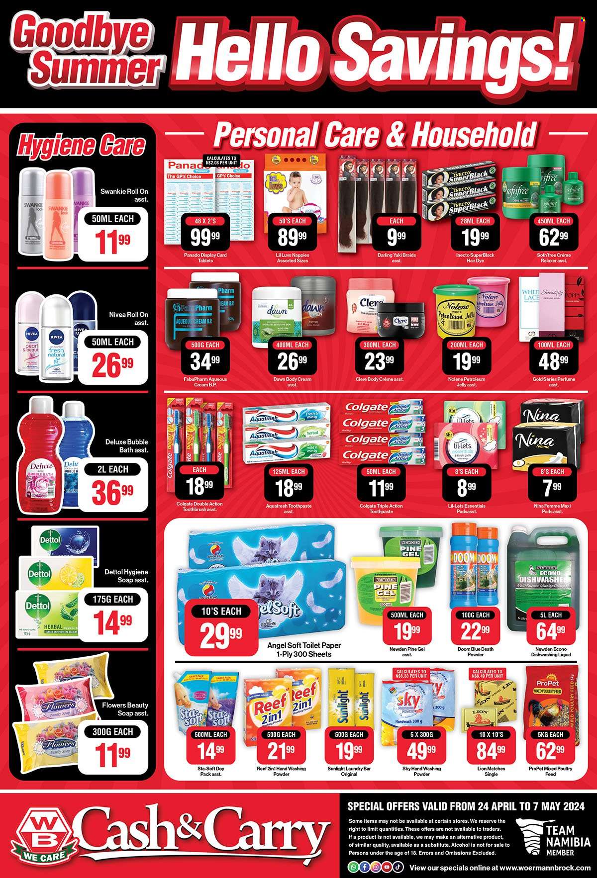 thumbnail - Woermann Brock catalogue  - 24/04/2024 - 07/05/2024 - Sales products - alcohol, nappies, toilet paper, pads, Dettol, laundry powder, laundry soap bar, Sunlight, dishwashing liquid, bubble bath, Nivea, hand wash, Colgate, toothbrush, toothpaste, sanitary pads, Lil-lets, petroleum jelly, hair color, relaxer, Clere, body cream, eau de parfum, roll-on, Swankie. Page 4.