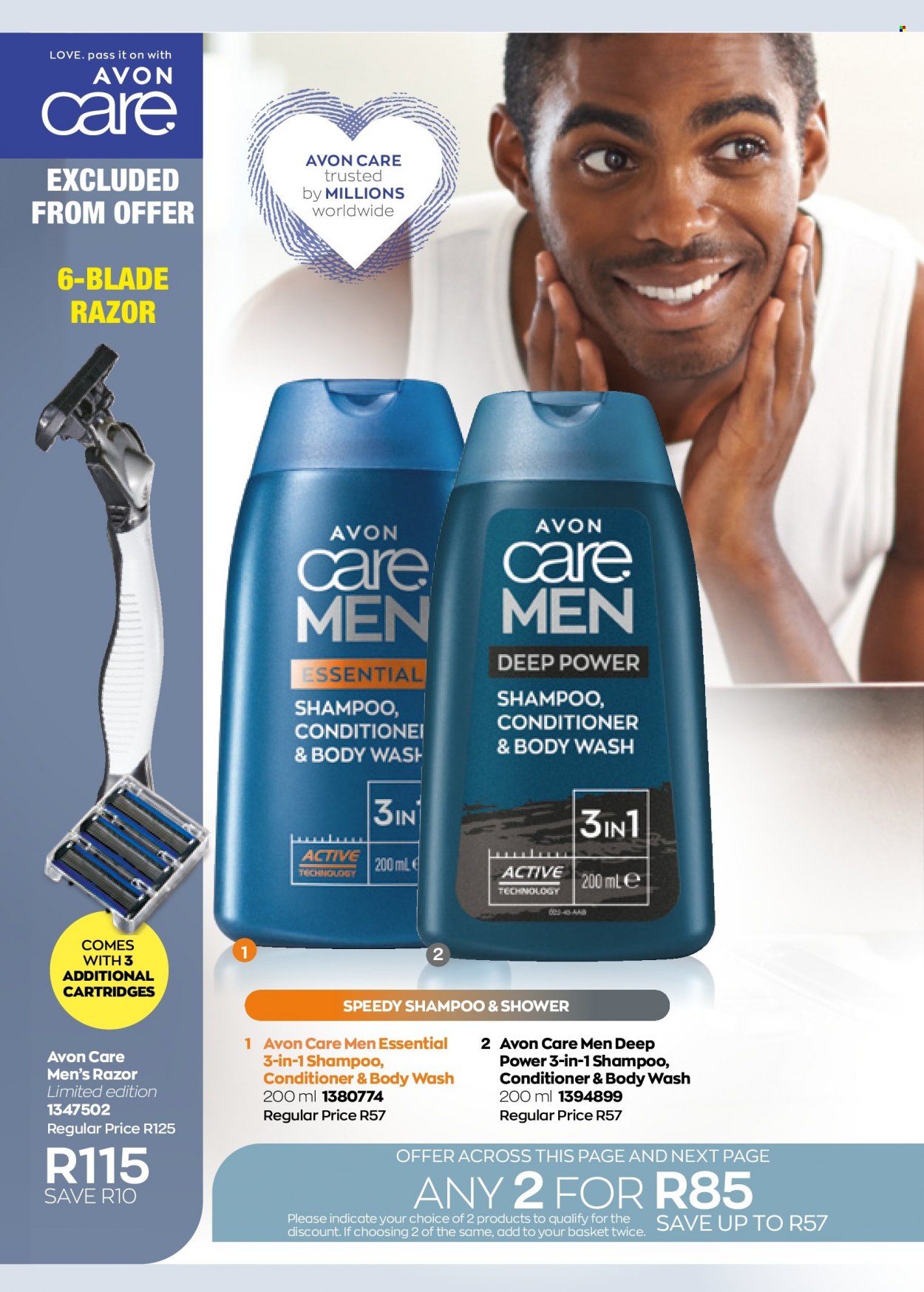 Avon catalogue  - 01/07/2022 - 31/07/2022 - Sales products - body wash, shampoo, Avon, conditioner, razor. Page 44.