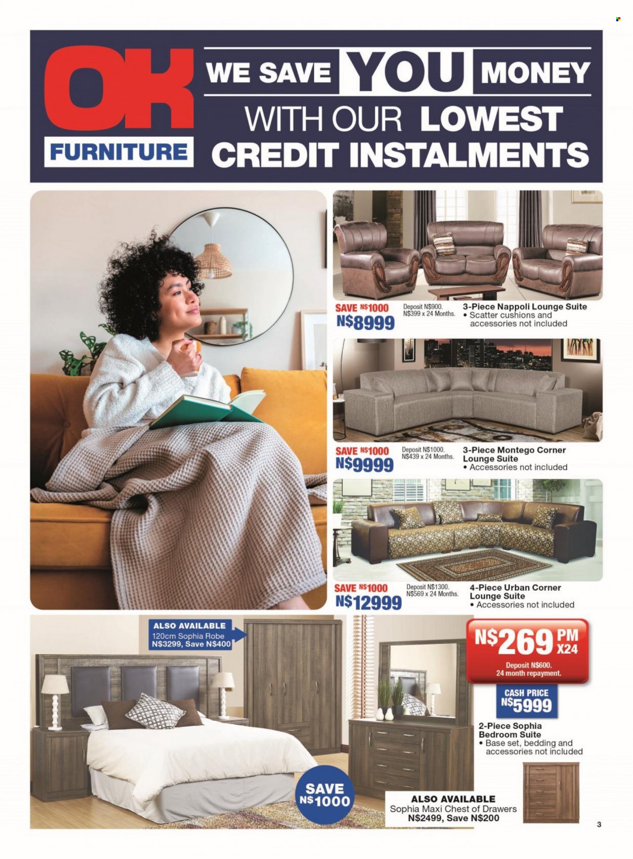 thumbnail - OK Furniture catalogue  - 04/07/2022 - 24/07/2022 - Sales products - lounge suite, lounge, chest of drawers, bedroom suite, base set, cushion. Page 3.