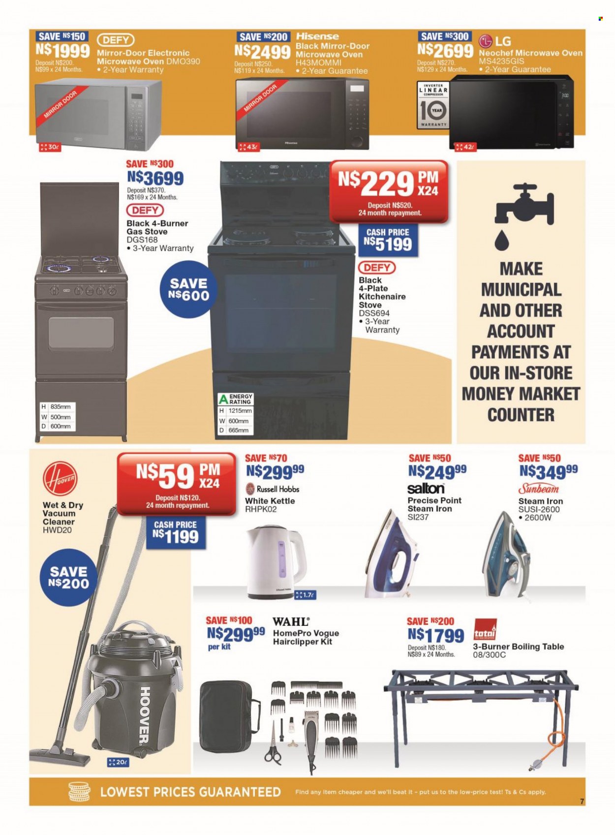 OK Furniture catalogue  - 04/07/2022 - 24/07/2022 - Sales products - table, mirror, LG, Hisense, oven, gas stove, microwave, Sunbeam, vacuum cleaner, Russell Hobbs, kettle, iron, steam iron. Page 7.