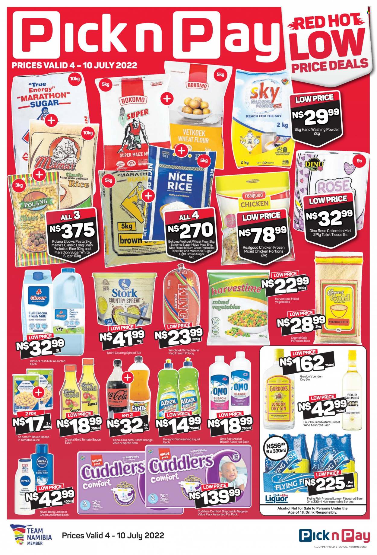 Pick n Pay catalogue  - 04/07/2022 - 10/07/2022 - Sales products - beans, orange, fish, No Name, pasta, Mama's, french polony, polony, milk, fat spread, mixed vegetables, Harvestime, cane sugar, flour, wheat flour, maize meal, baked beans, rice, parboiled rice, Coca-Cola, Sprite, Fanta, Coca-Cola zero, alcohol, rosé wine, gin, liquor, Gordon's, beer, nappies, bleach, Omo, laundry powder, dishwashing liquid, Nivea, body lotion, BIC. Page 1.