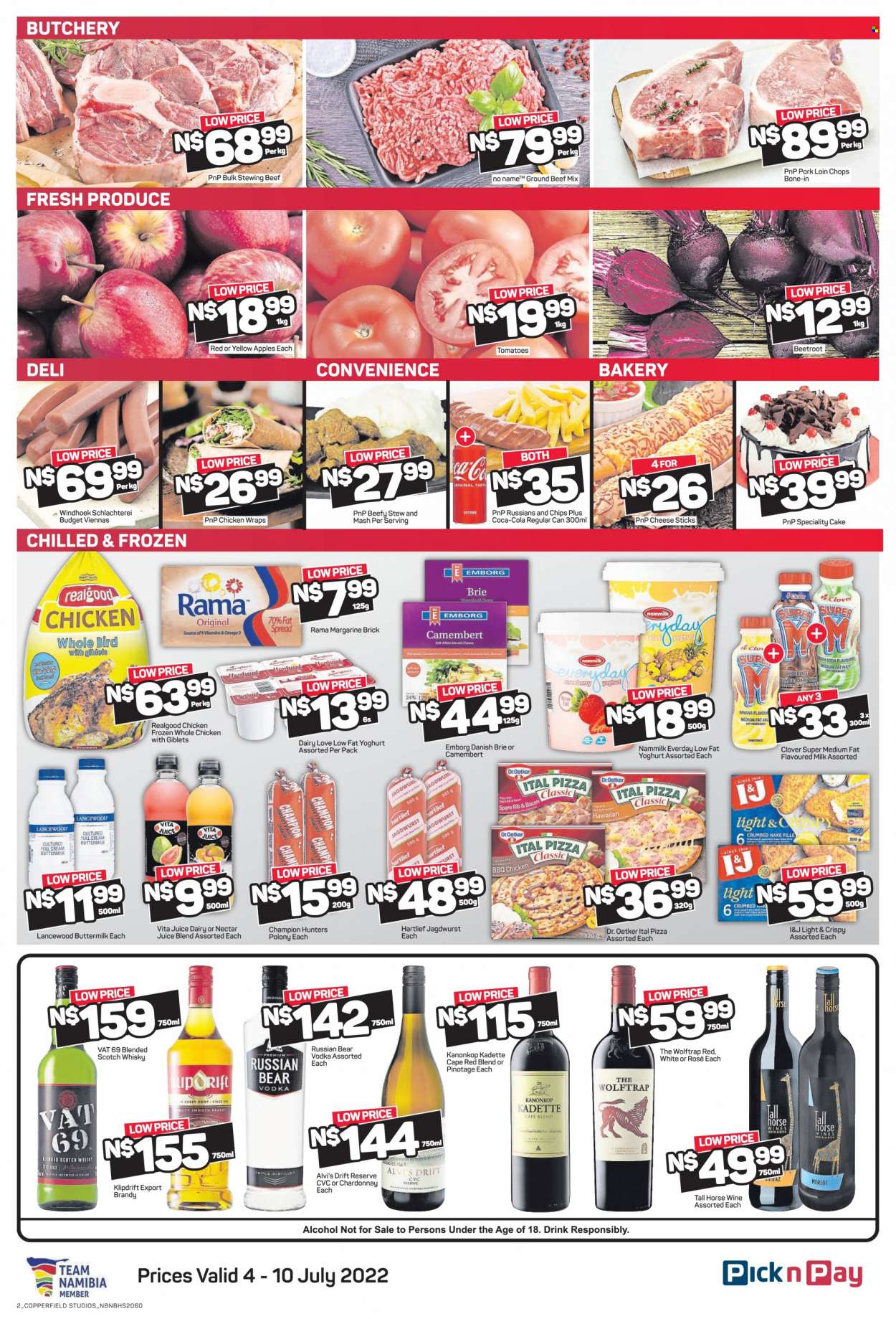 Pick n Pay catalogue  - 04/07/2022 - 10/07/2022 - Sales products - cake, wraps, beetroot, apples, hake, pizza, bacon, polony, vienna sausage, russians, camembert, brie cheese, Dr. Oetker, Lancewood, yoghurt, buttermilk, flavoured milk, margarine, fat spread, Rama, cheese Sticks, Ital Pizza, chocolate, Coca-Cola, juice, soda, red wine, white wine, Chardonnay, wine, Merlot, alcohol, Kanonkop Kadette, rosé wine, brandy, vodka, Russian Bear, Klipdrift, Vat 69, scotch whisky, whisky, whole chicken, chicken meat, beef meat, ground beef, stewing beef, pork chops, pork loin, pork meat. Page 2.