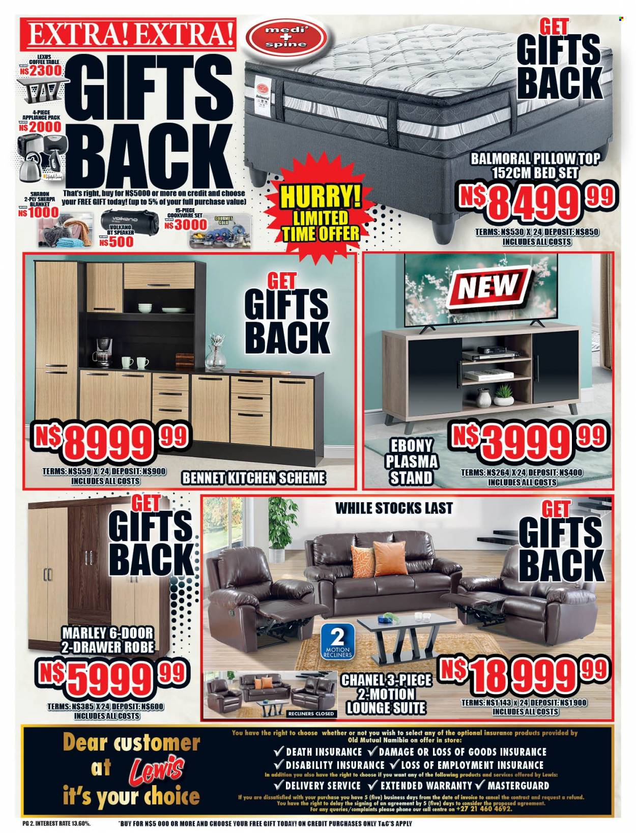 Lewis catalogue  - 04/07/2022 - 13/08/2022 - Sales products - kitchen scheme, table, lounge suite, lounge, coffee table, bed, cookware set, blanket, pillow, speaker, Volkano. Page 2.