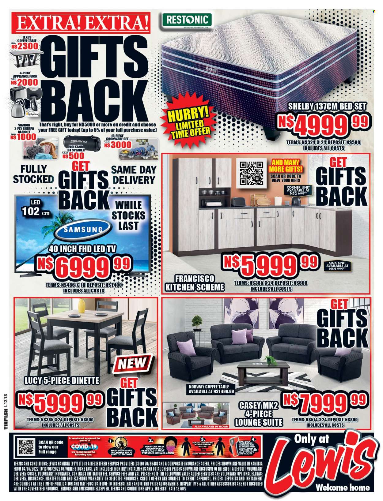 Lewis catalogue  - 04/07/2022 - 13/08/2022 - Sales products - kitchen scheme, table, lounge suite, lounge, coffee table, bed, cookware set, blanket, Samsung, LED TV, TV, speaker, Volkano. Page 4.