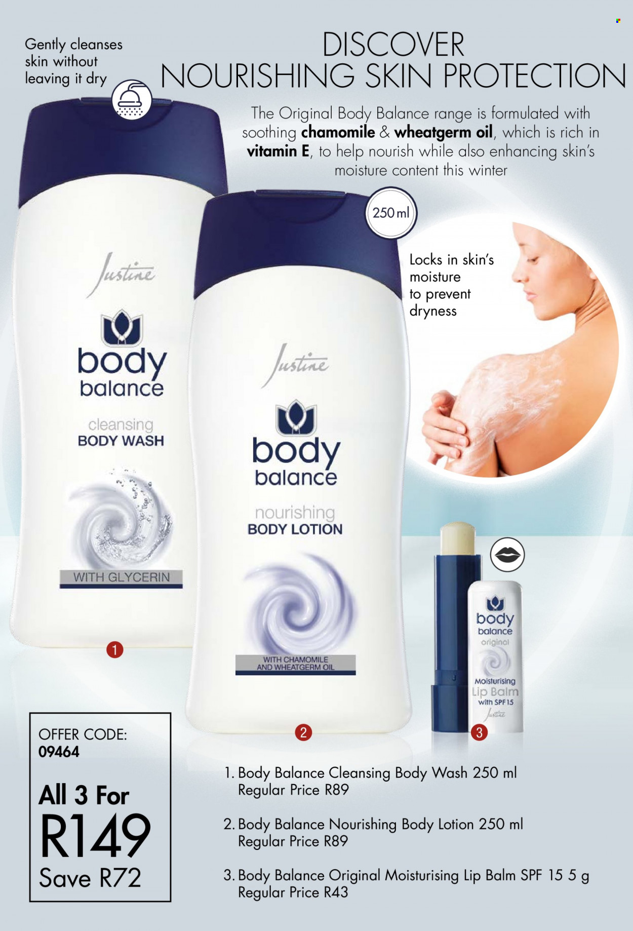 thumbnail - Justine catalogue  - 05/07/2022 - 31/07/2022 - Sales products - body wash, lip balm, body lotion. Page 28.