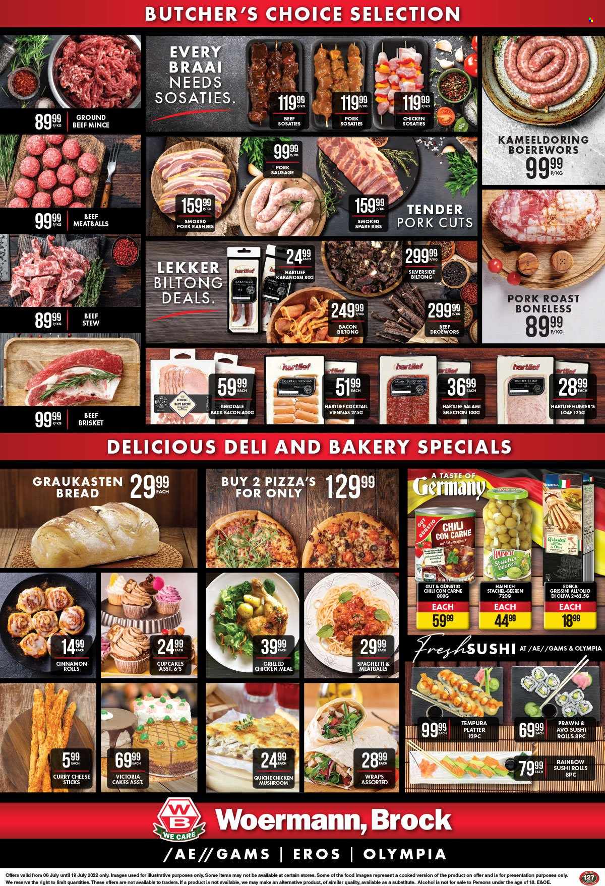 Woermann Brock catalogue  - 06/07/2022 - 19/07/2022 - Sales products - bread, cake, wraps, cinnamon roll, cupcake, prawns, spaghetti, pizza, meatballs, bacon, salami, sausage, vienna sausage, pork sausage, cheese sticks, quiche, Victoria Sponge, grissini, alcohol, beef meat, ground beef, beef brisket, pork meat, pork roast, pork spare ribs, braai wors. Page 2.