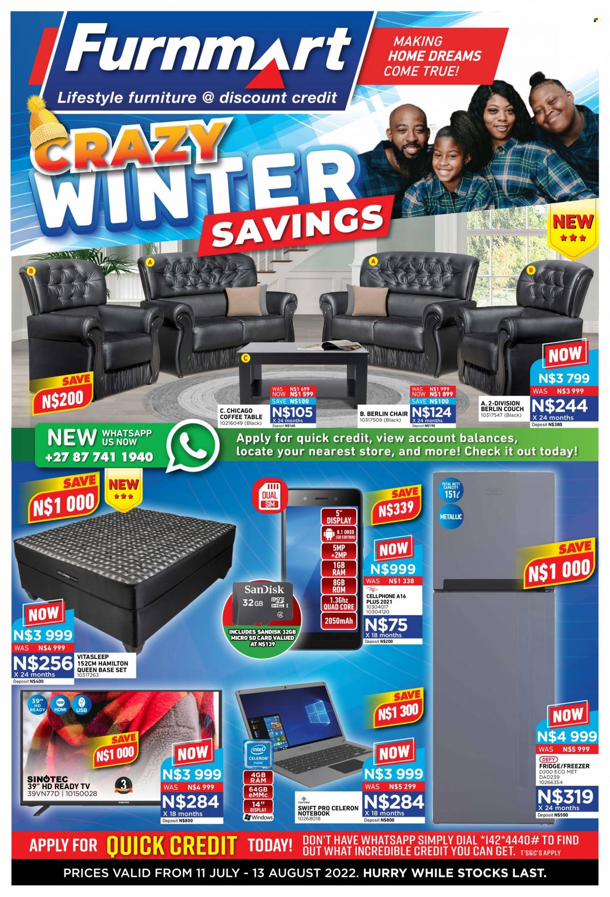 Furnmart catalogue  - 11/07/2022 - 13/08/2022 - Sales products - table, chair, couch, coffee table, base set, notebook, memory card, Sandisk, TV, freezer, refrigerator, fridge. Page 1.