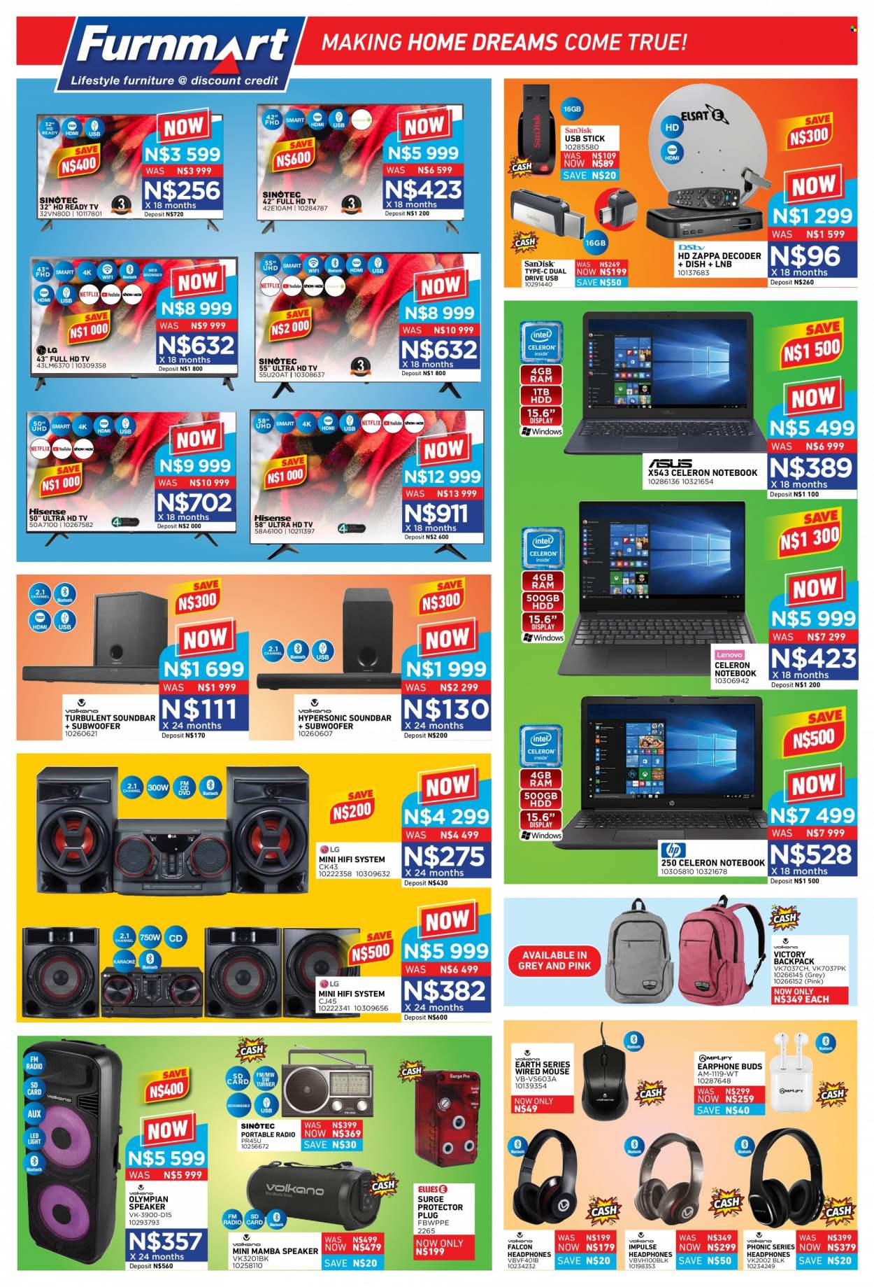 Furnmart catalogue  - 11/07/2022 - 13/08/2022 - Sales products - memory card, mouse, UHD TV, ultra hd, HDTV, Full HD TV, TV, radio, decoder, speaker, subwoofer, sound bar, headphones, earphone, backpack. Page 6.