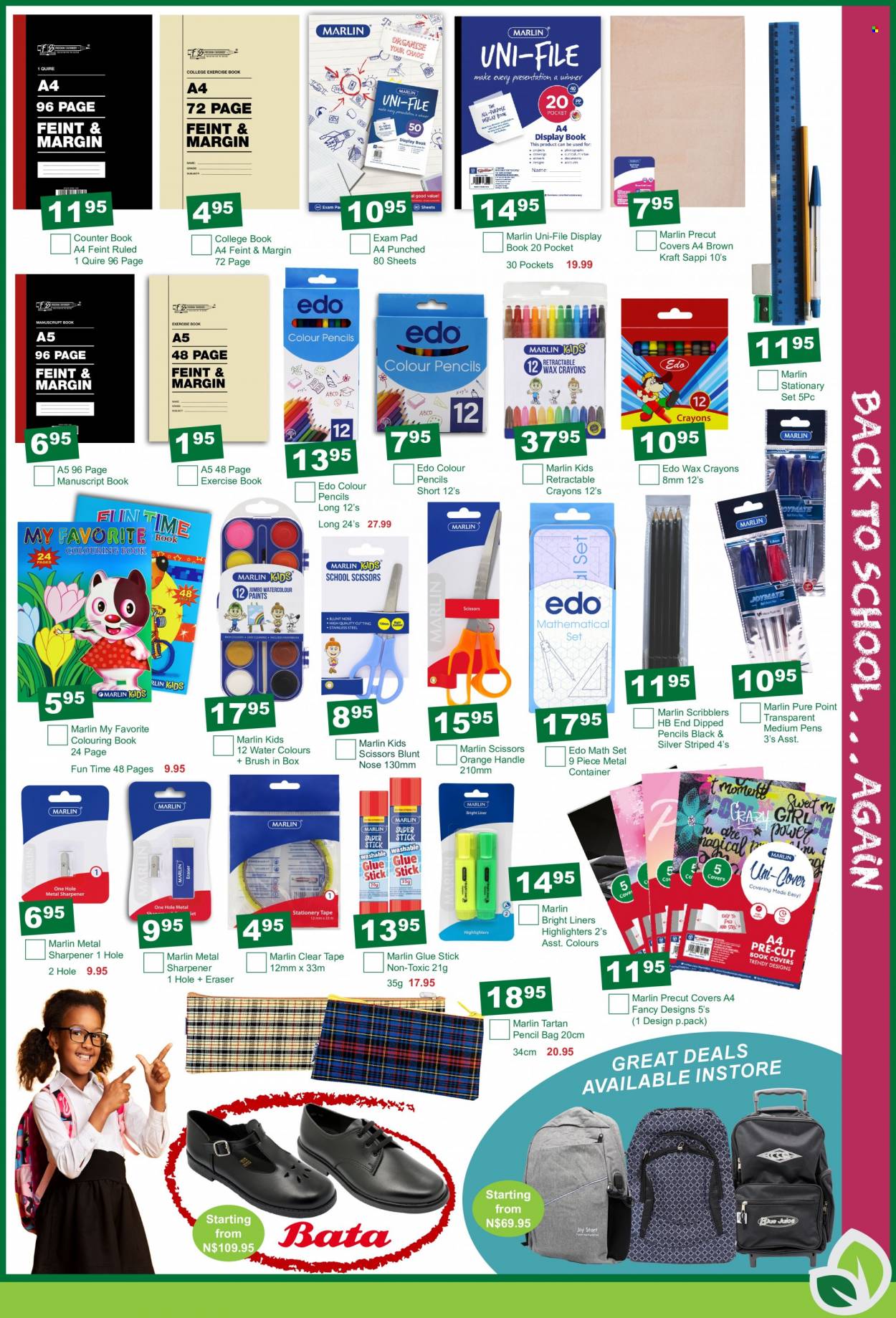 Agra catalogue  - 19/07/2022 - 21/08/2022 - Sales products - bag, sharpener, exercise book, glue stick, scissors, eraser, wax crayons, counter book, glue, drawing book, deco strips, pencil, brush, container, marlin. Page 3.