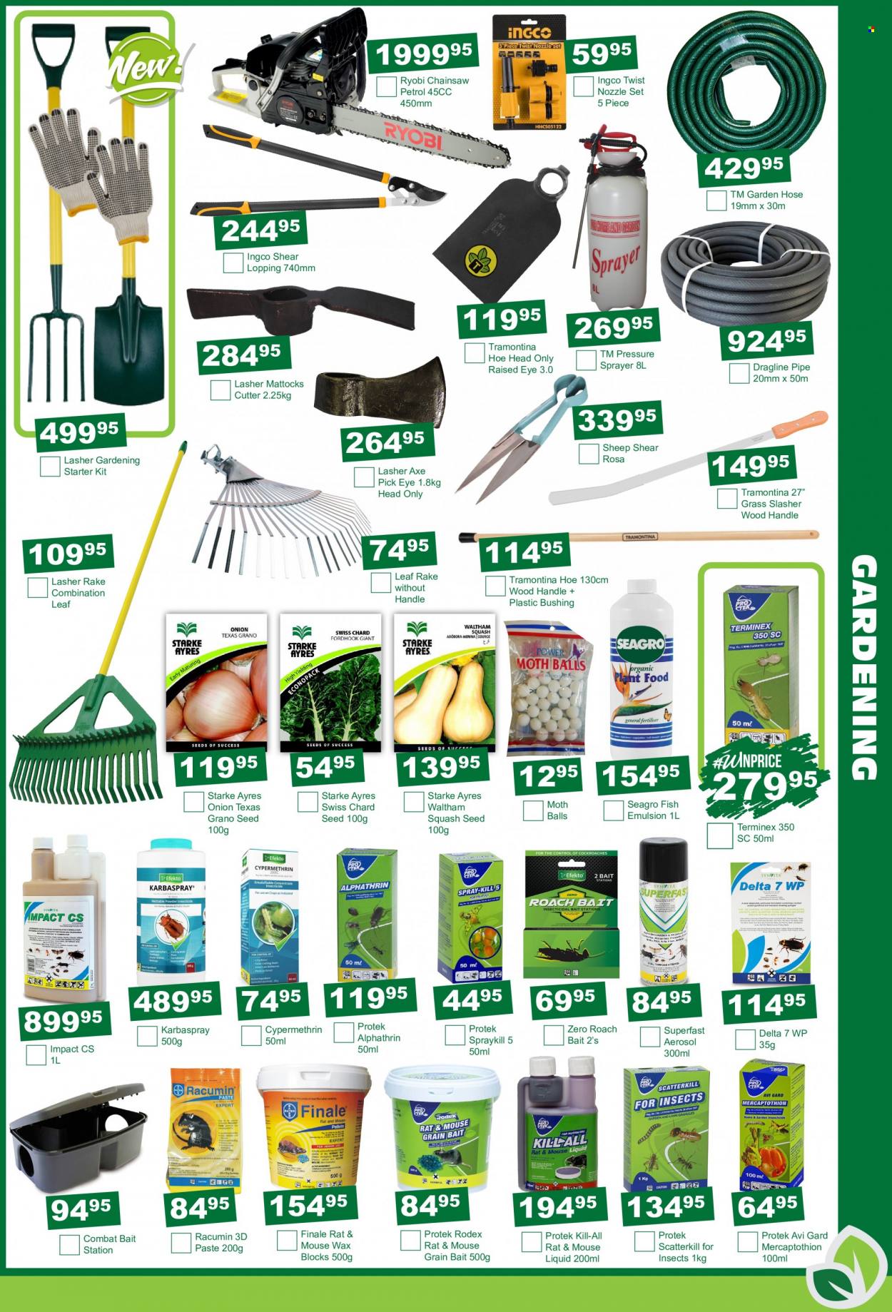 Agra catalogue  - 19/07/2022 - 21/08/2022 - Sales products - pipe, cutter, mouse, Ryobi, chain saw, Axe, chard, seed, sprayer, garden hose. Page 5.